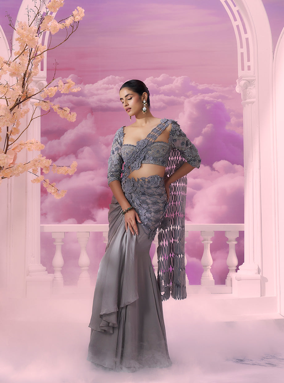 Elegant Grey Cutwork Drape Saree with Classy Blouse
