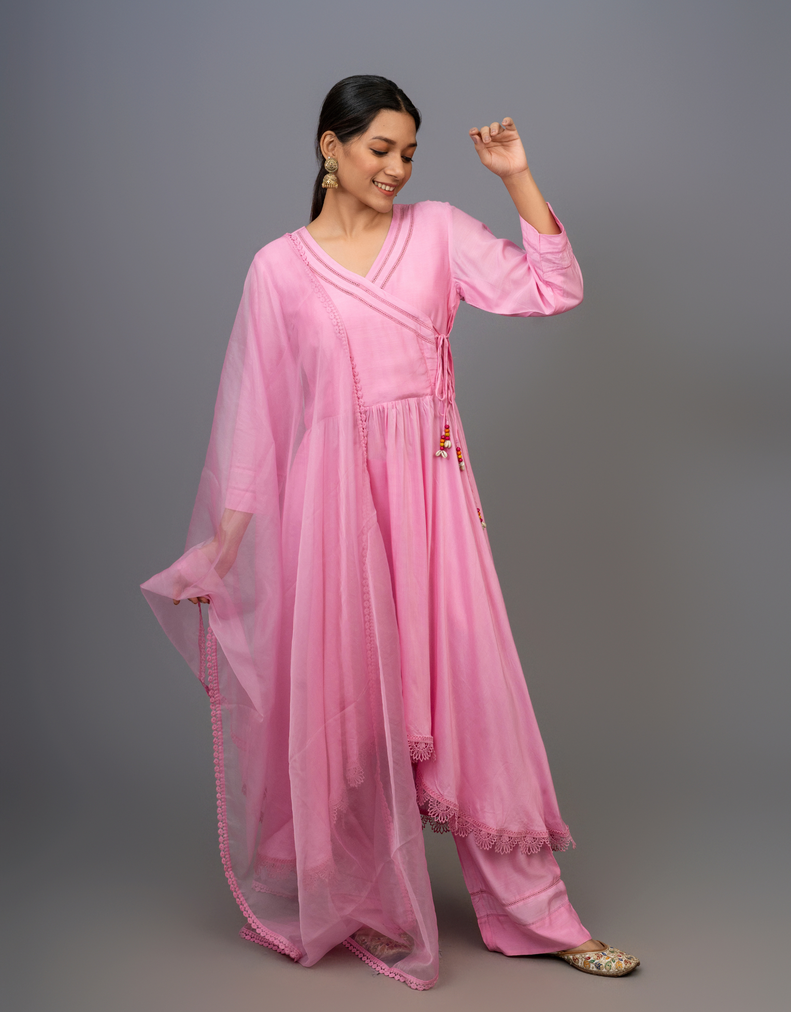Purple Cotton Silk Gathered Angrakha Kurta Pants Organza Dupatta Lace