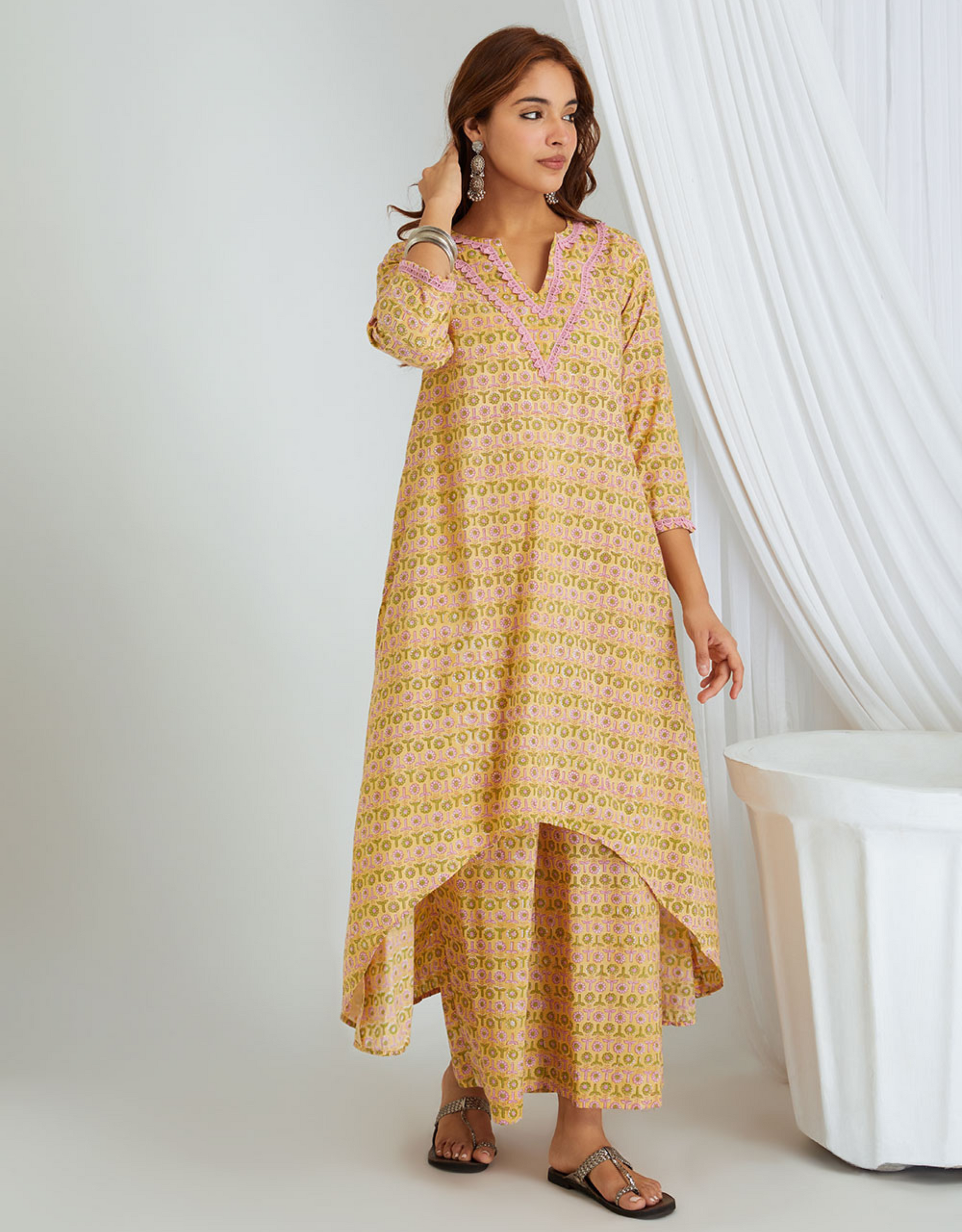 Mustard Yellow Hand Block Cotton Kurta Palazzo Co-ord Set Lace High Cut