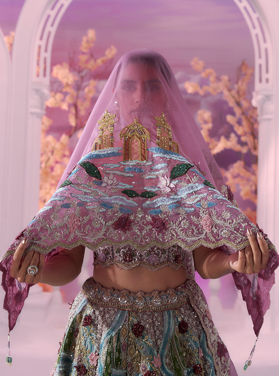 Luxurious Pink River & Crane 3D Embroidery Lehenga Corset Set