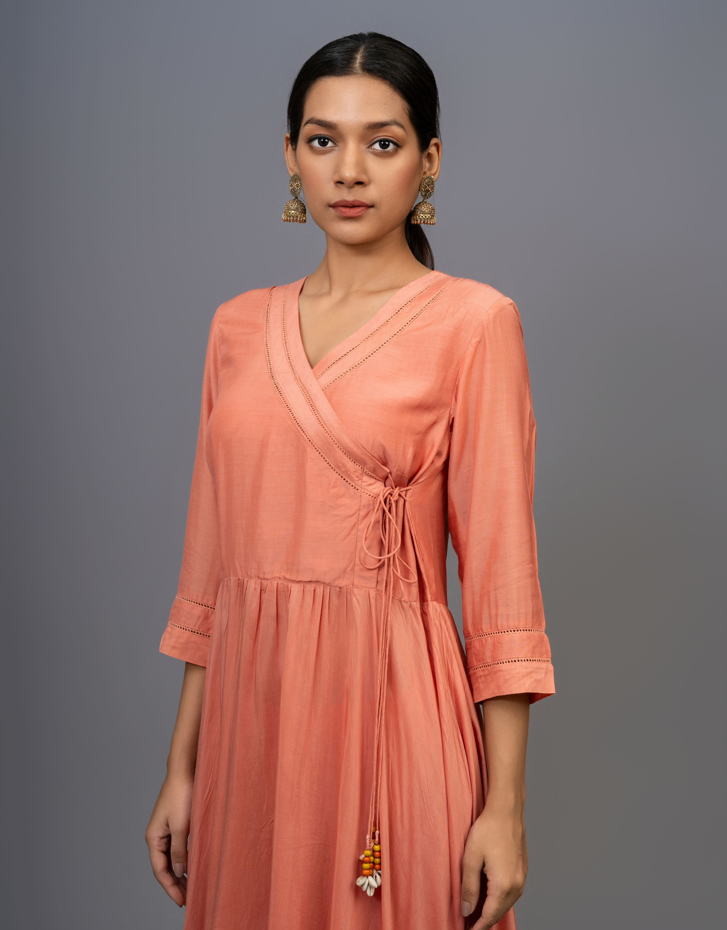 Rust Orange Cotton Silk Gathered Angrakha Kurta Pants Organza Dupatta Lace