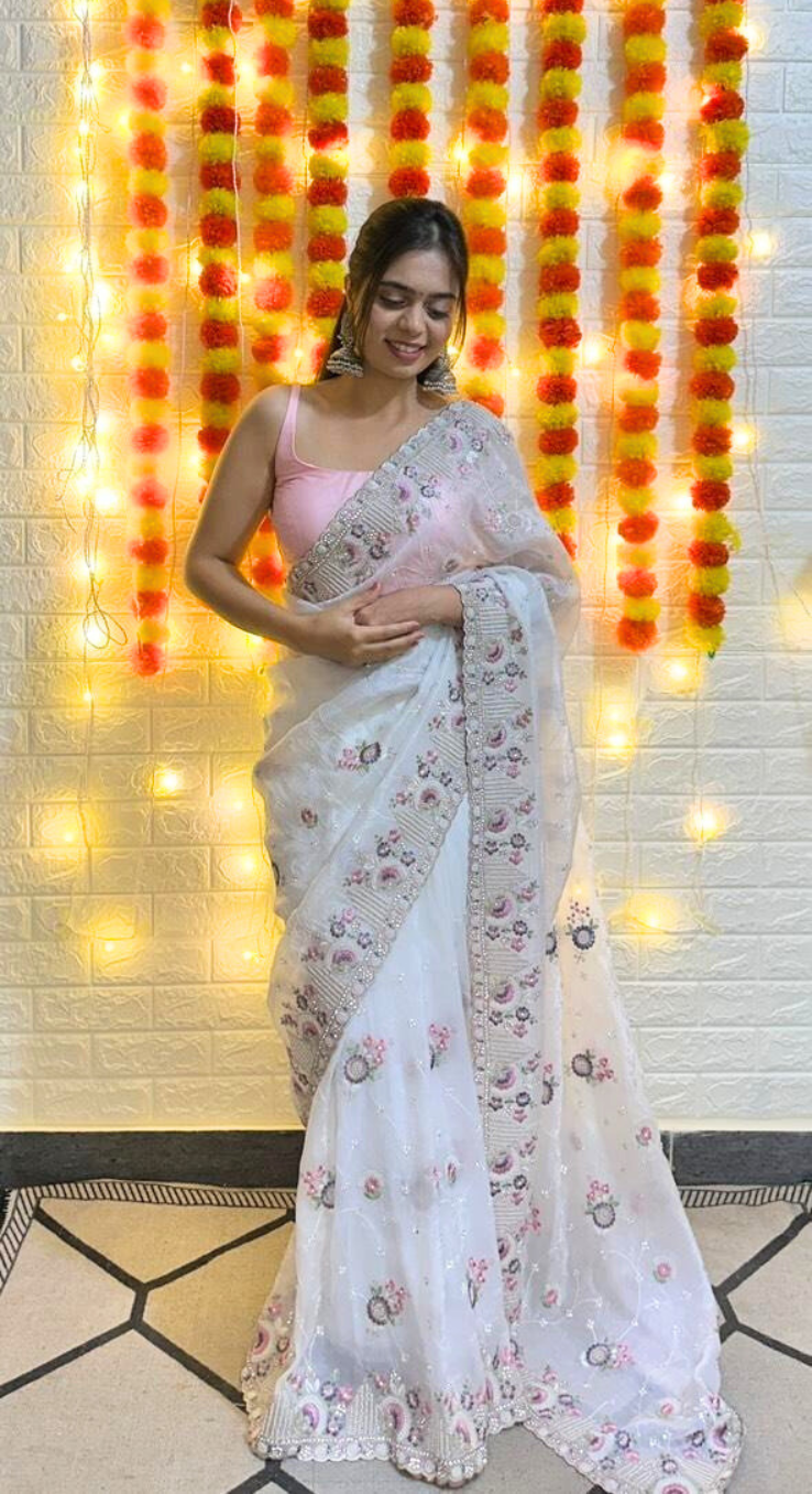 White Embroidered Chiffon Saree with Pearl & Stone Floral Detailing