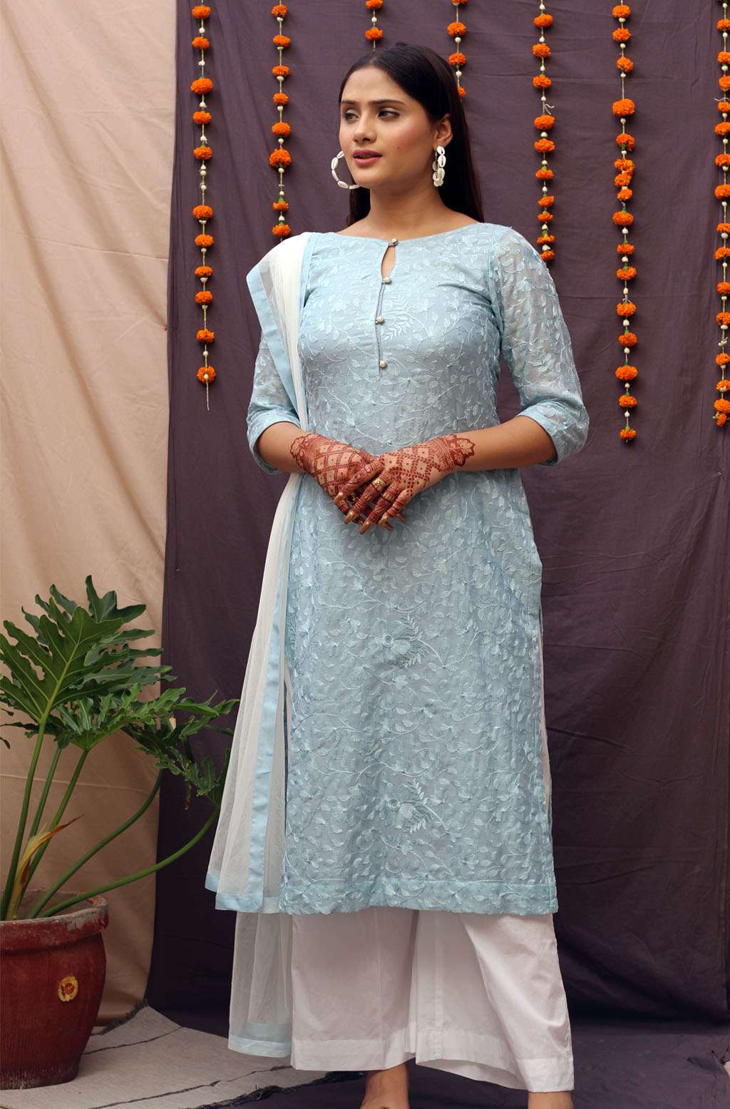 Pretty Greyish Blue Chiffon Thread Embroidery Kurta Pant Dupatta Set - Raavi