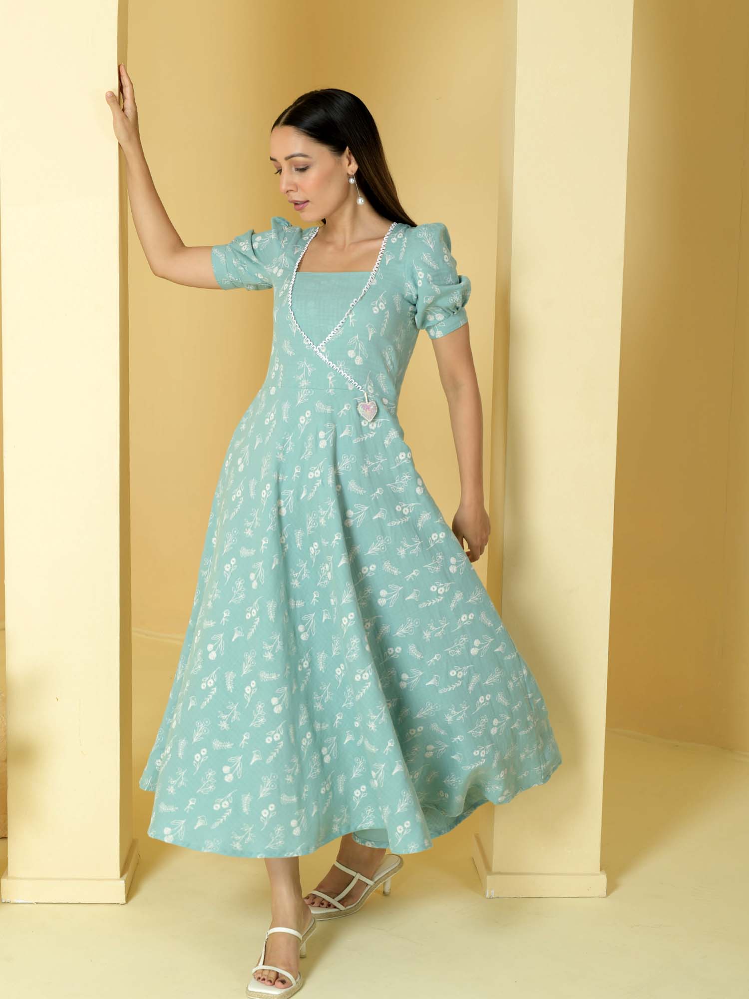 Fresh Sea Green Blue Cotton Floral Print Umbrella Dress - Sweet Love