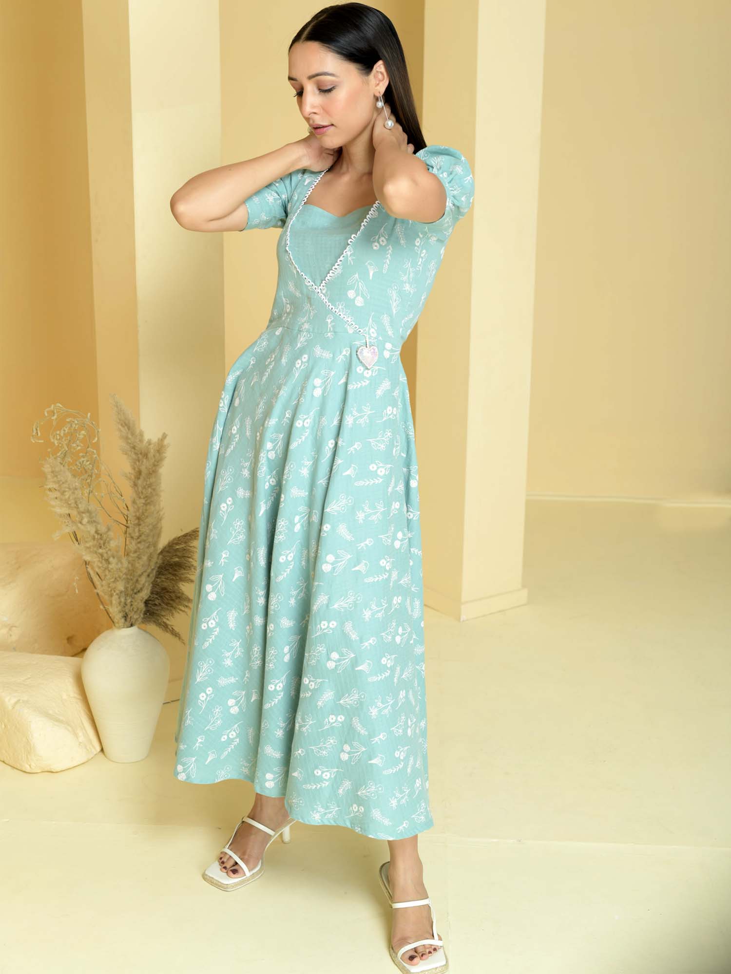 Fresh Sea Green Blue Cotton Floral Print Umbrella Dress - Sweet Love