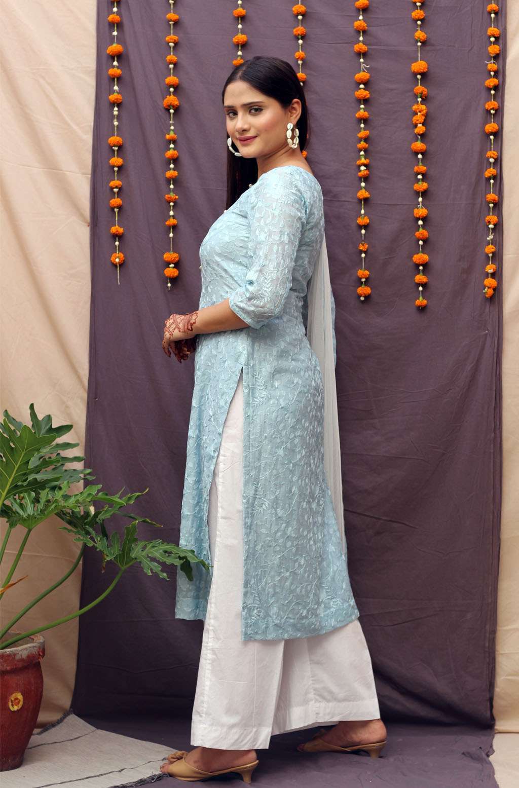 Pretty Greyish Blue Chiffon Thread Embroidery Kurta Pant Dupatta Set - Raavi