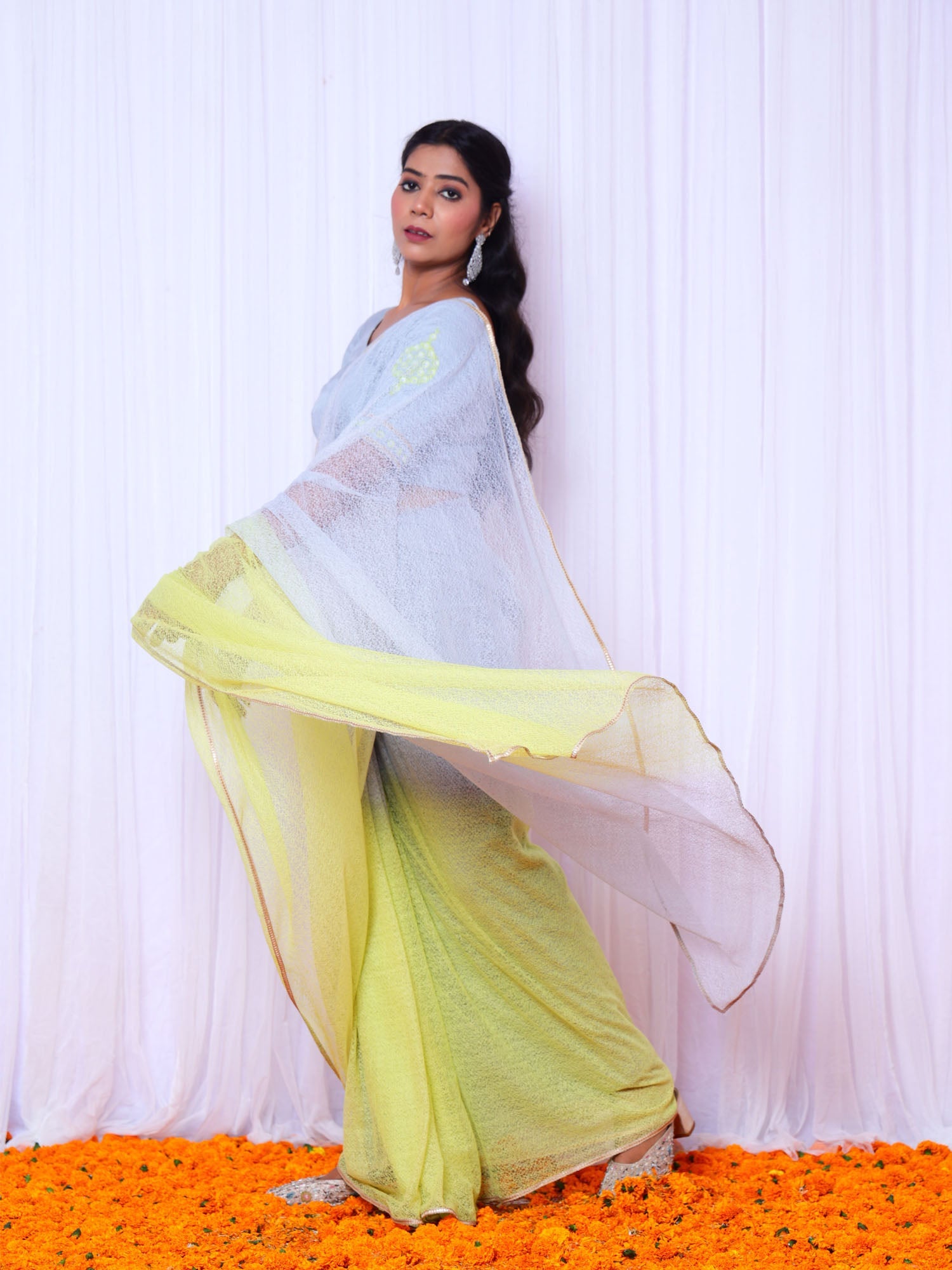 Sabarmati Blue & Yellow Ombre Cotton Gauze Net Saree with Embroidered Blouse - Designer Saree