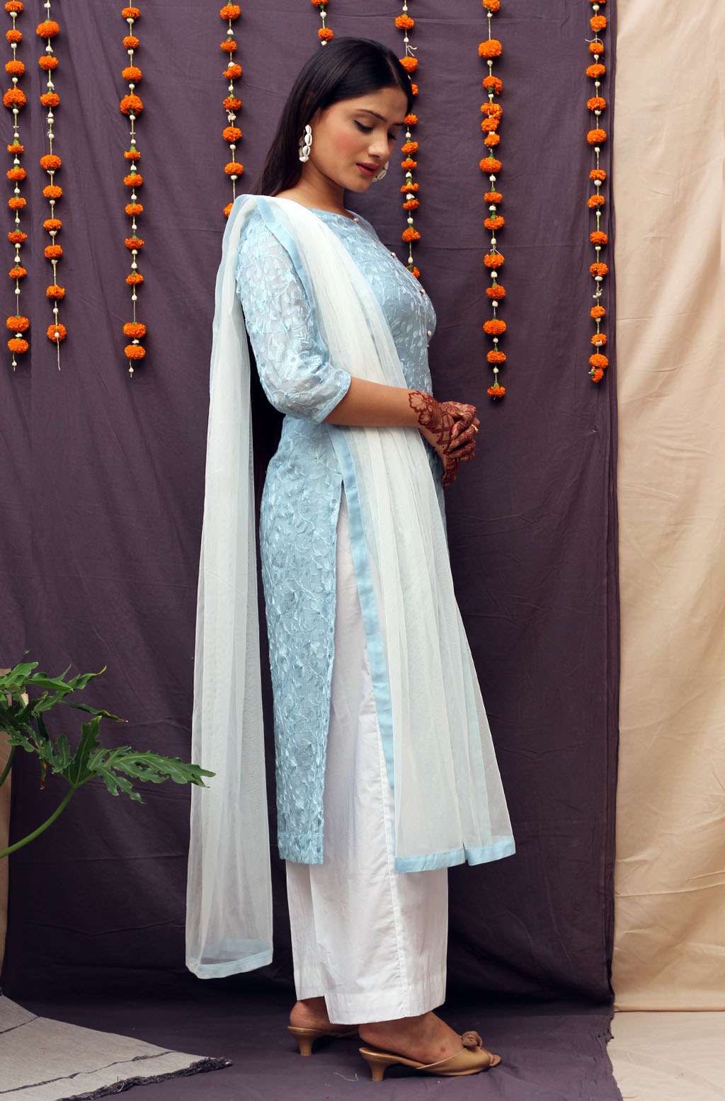 Pretty Greyish Blue Chiffon Thread Embroidery Kurta Pant Dupatta Set - Raavi
