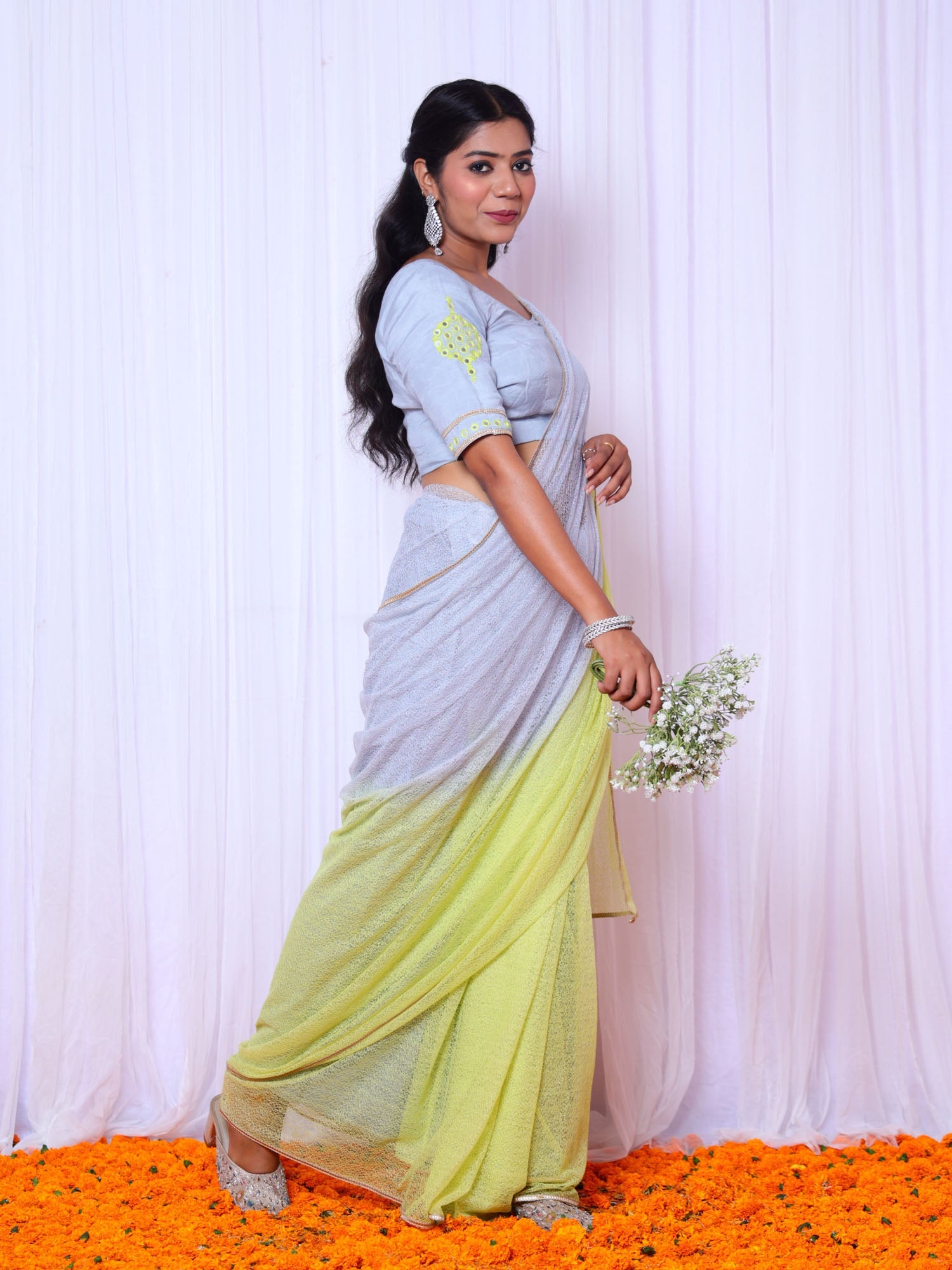 Sabarmati Blue & Yellow Ombre Cotton Gauze Net Saree with Embroidered Blouse - Designer Saree
