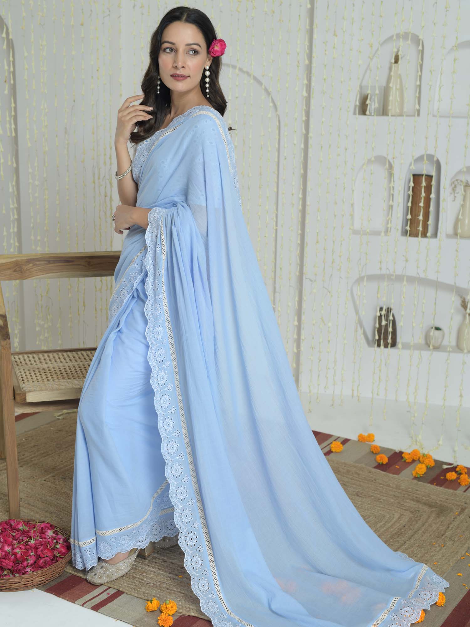 Refined Pastel Blue Cotton Lace Border Saree Schiffli Blouse - Ganga