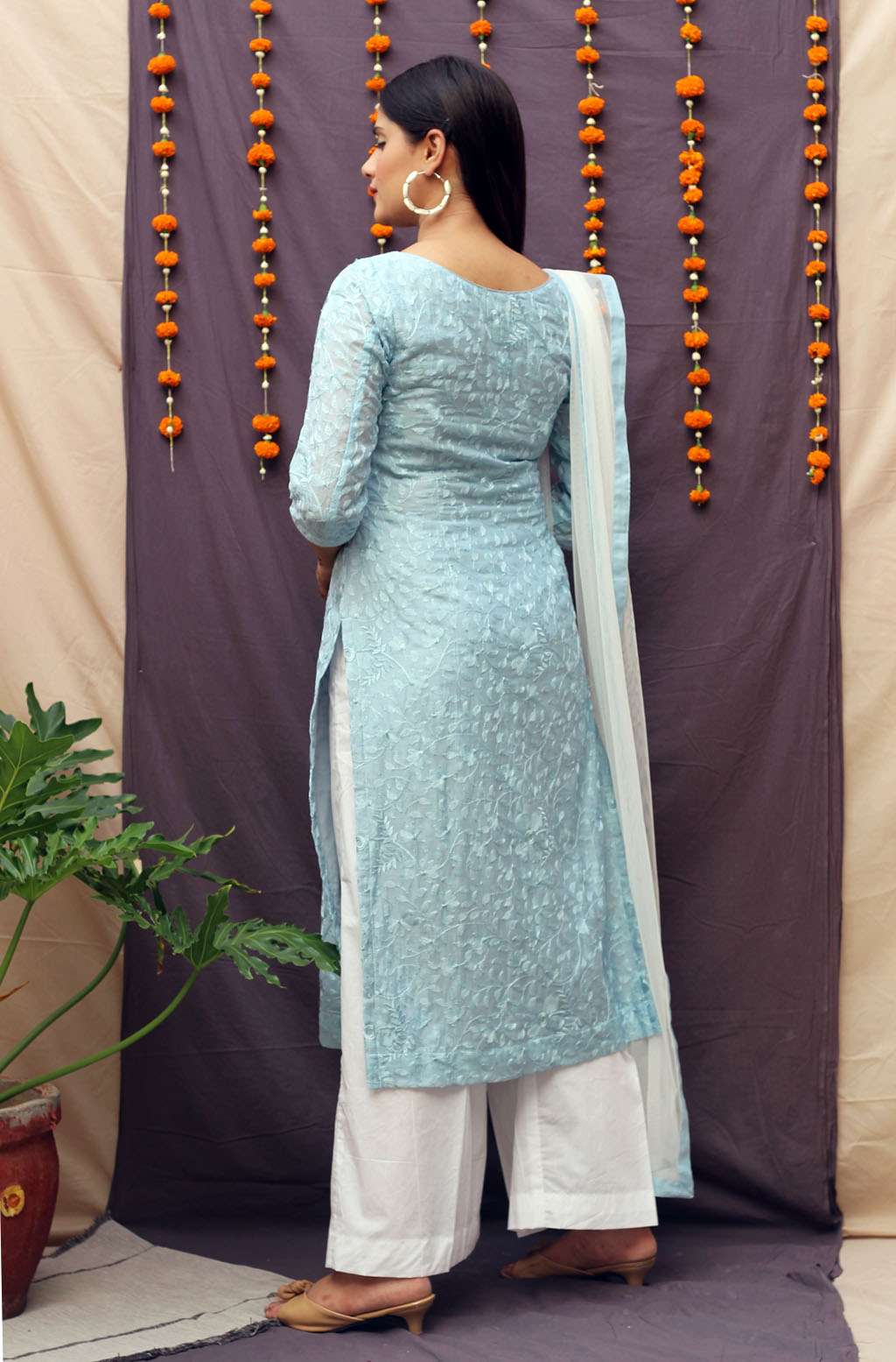 Pretty Greyish Blue Chiffon Thread Embroidery Kurta Pant Dupatta Set - Raavi