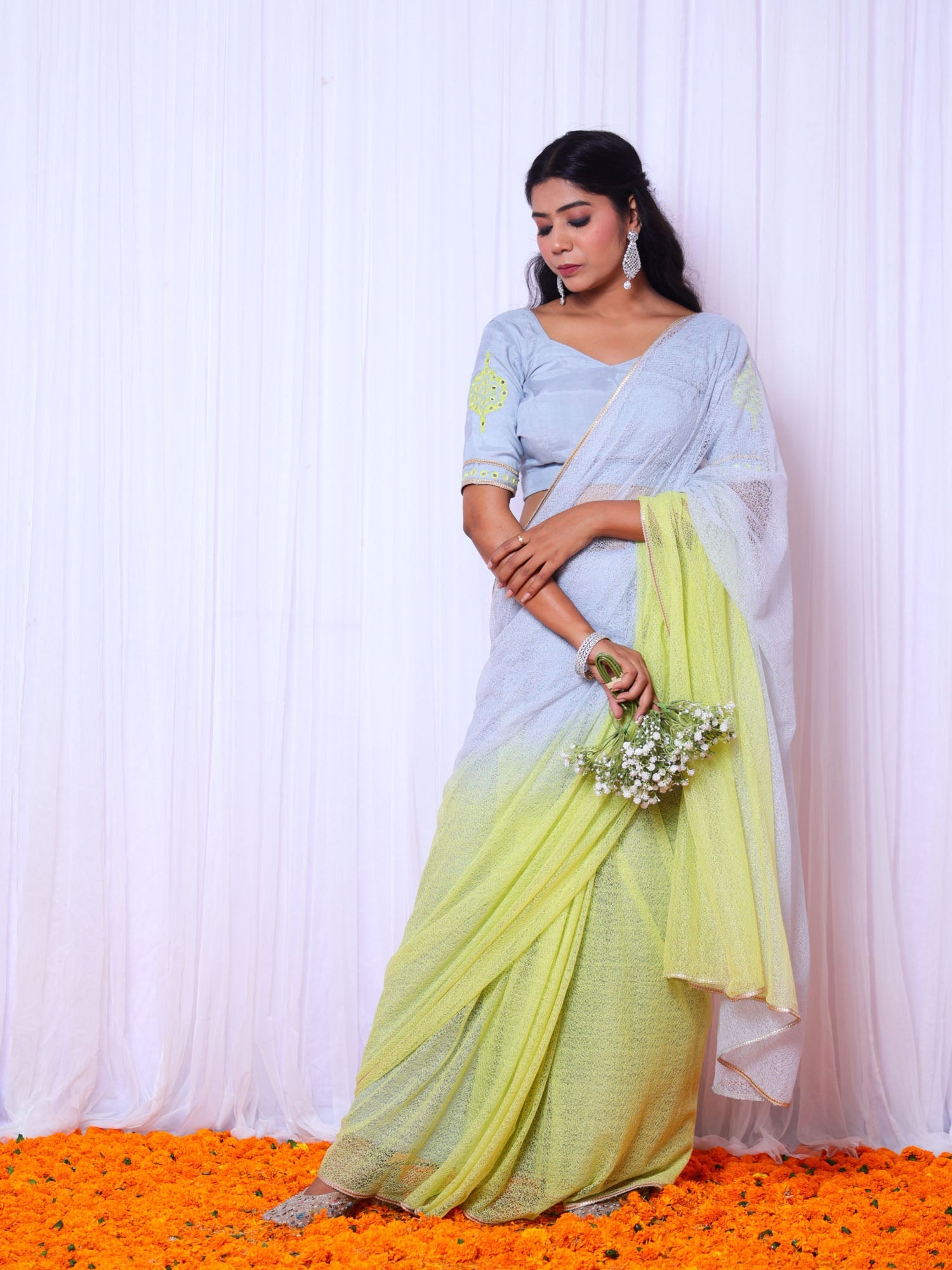Sabarmati Blue & Yellow Ombre Cotton Gauze Net Saree with Embroidered Blouse - Designer Saree
