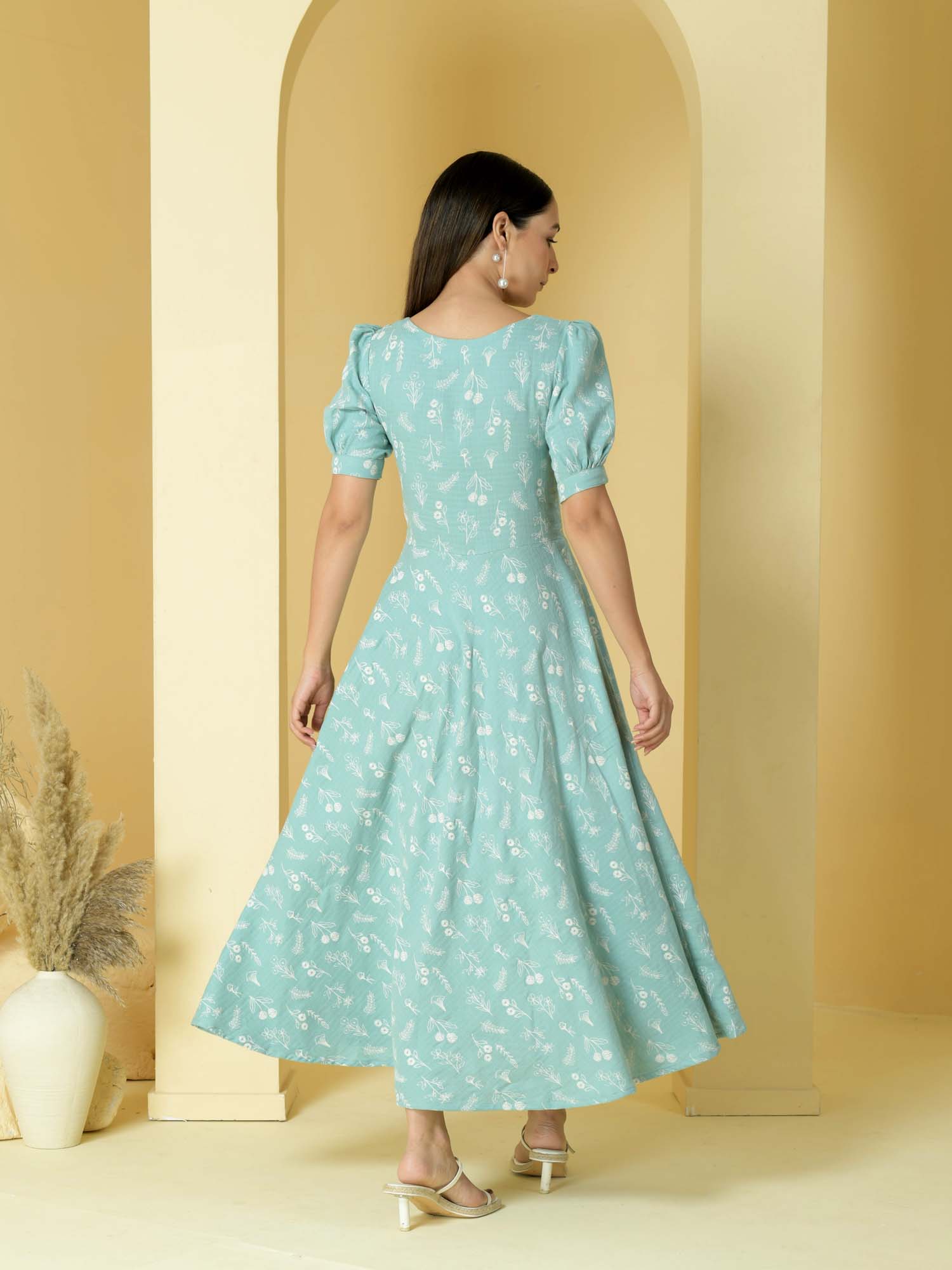 Fresh Sea Green Blue Cotton Floral Print Umbrella Dress - Sweet Love