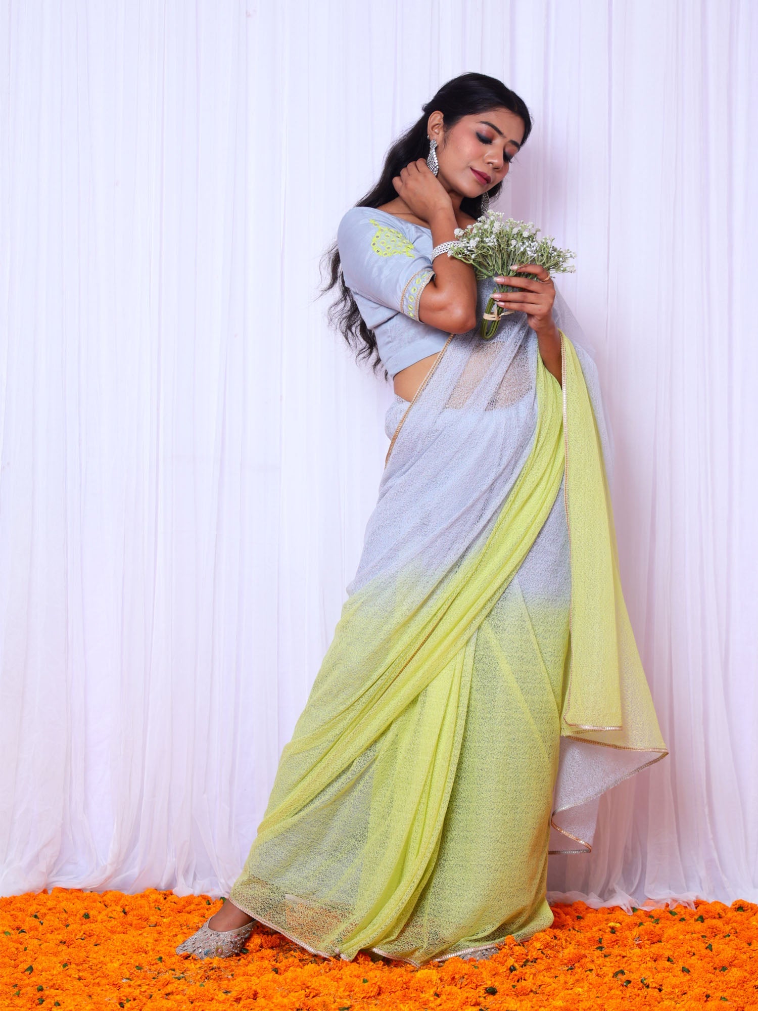 Sabarmati Blue & Yellow Ombre Cotton Gauze Net Saree with Embroidered Blouse - Designer Saree