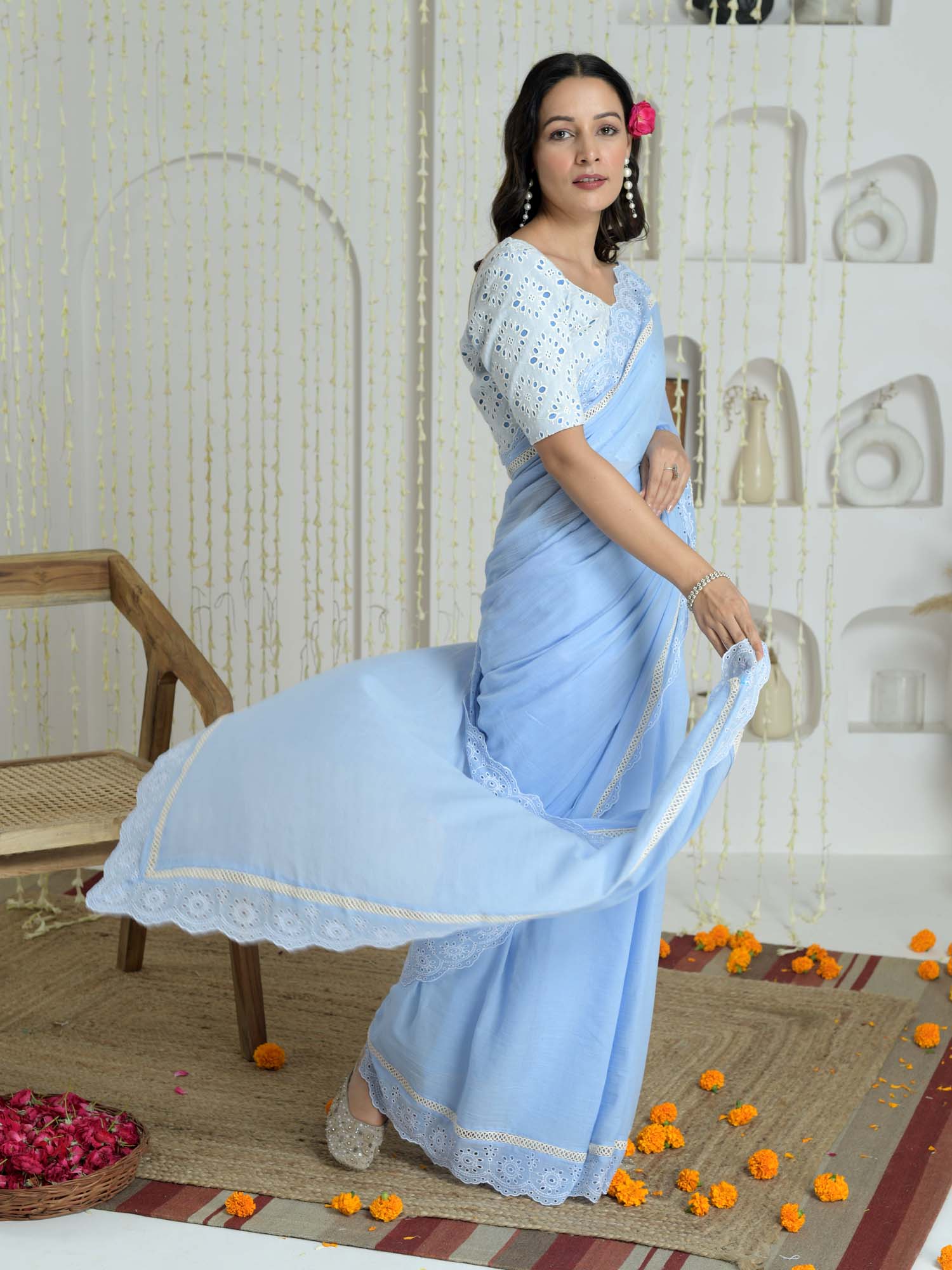 Refined Pastel Blue Cotton Lace Border Saree Schiffli Blouse - Ganga