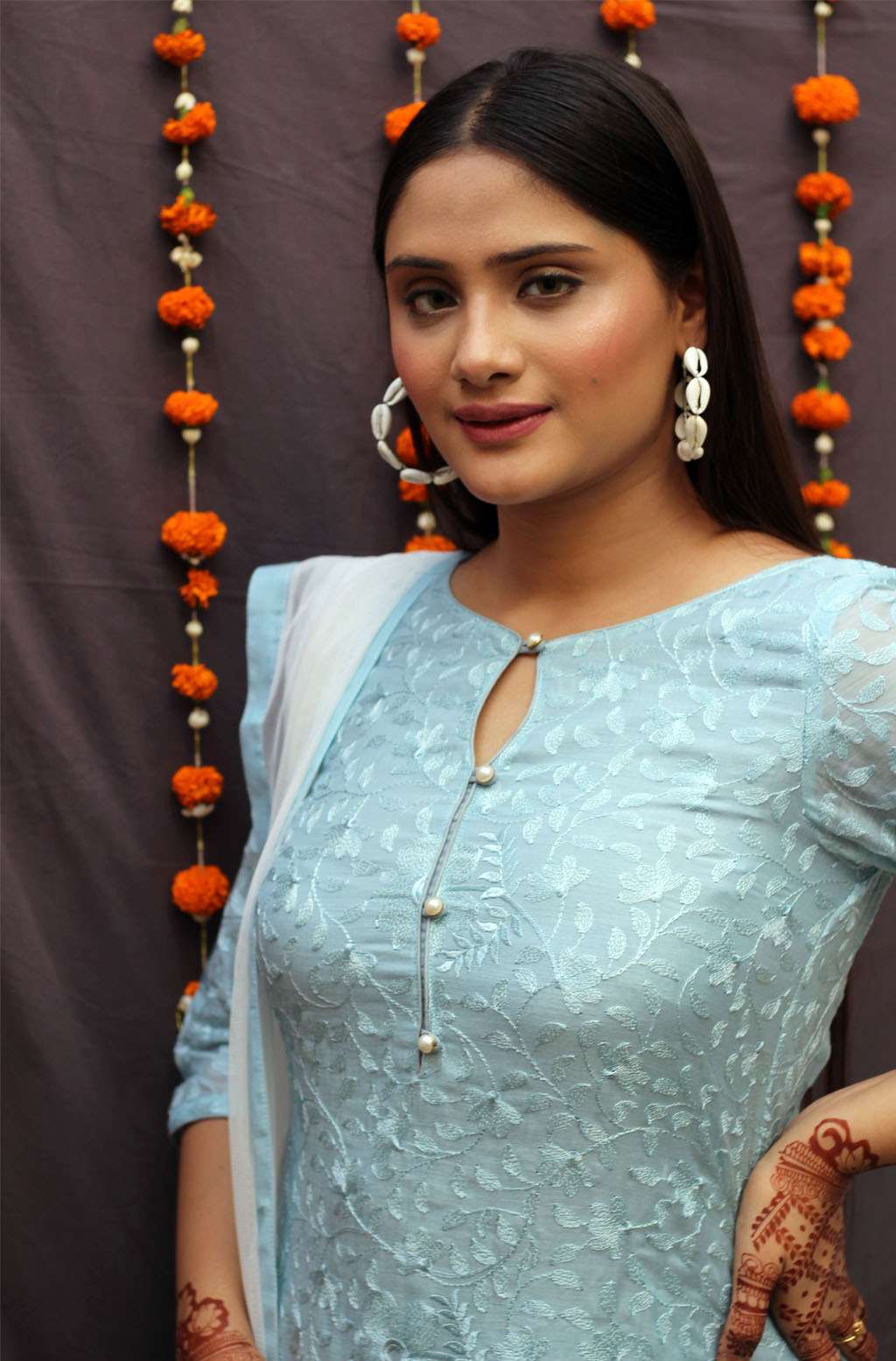 Pretty Greyish Blue Chiffon Thread Embroidery Kurta Pant Dupatta Set - Raavi