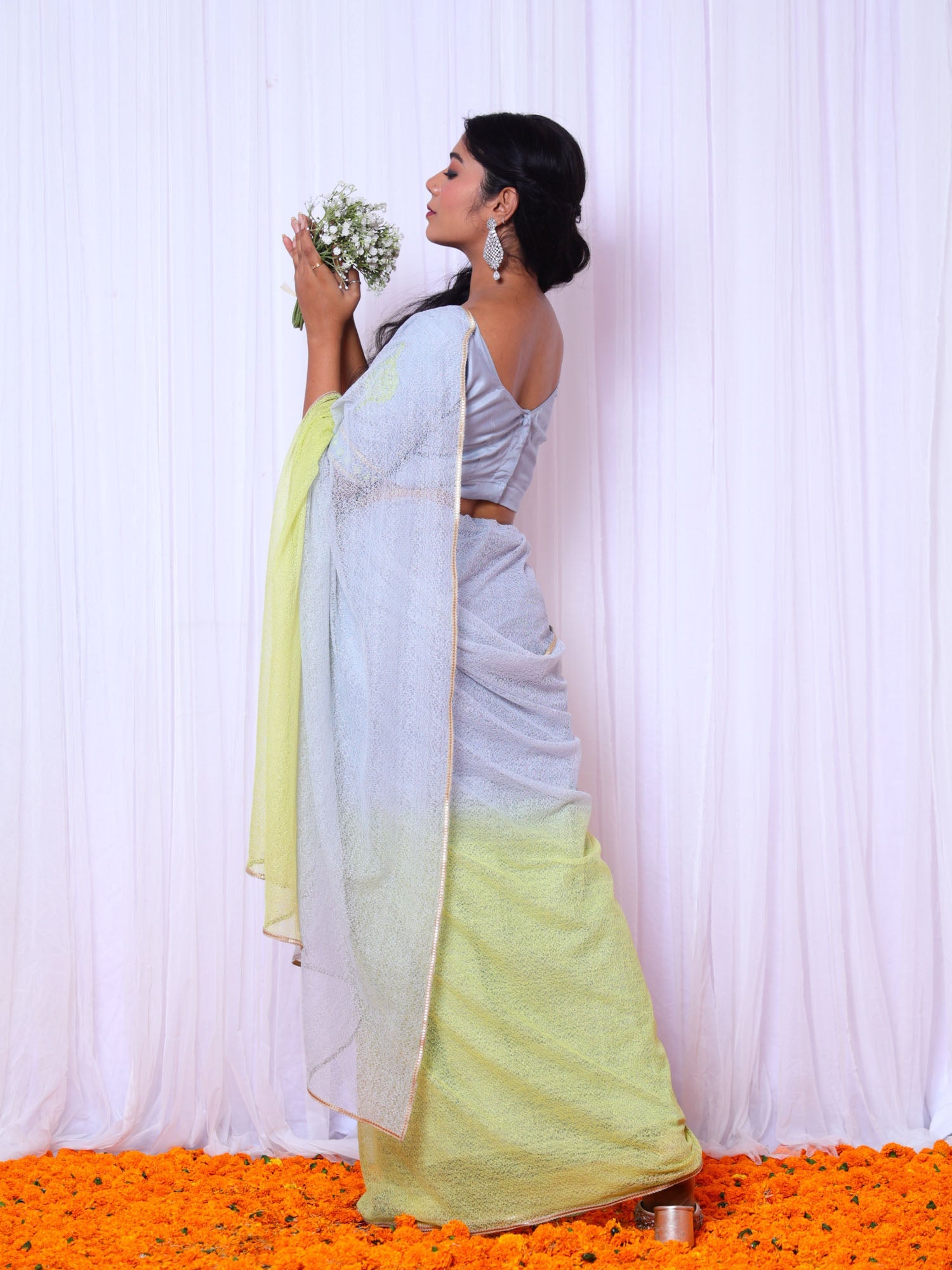 Sabarmati Blue & Yellow Ombre Cotton Gauze Net Saree with Embroidered Blouse - Designer Saree