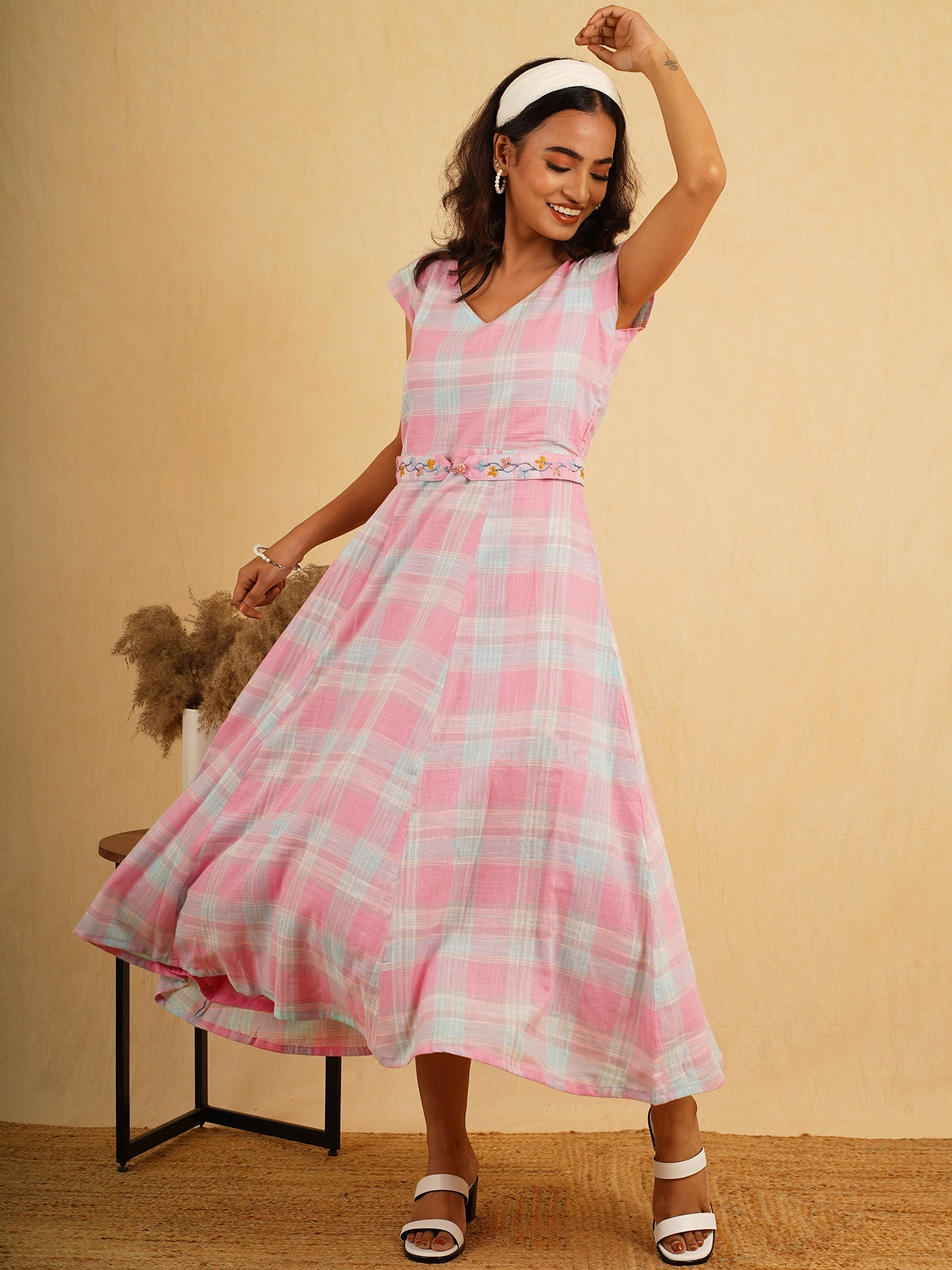 Sweet Pink Blue Cotton Checks Flared Dress Embroidered Belt - Barbie