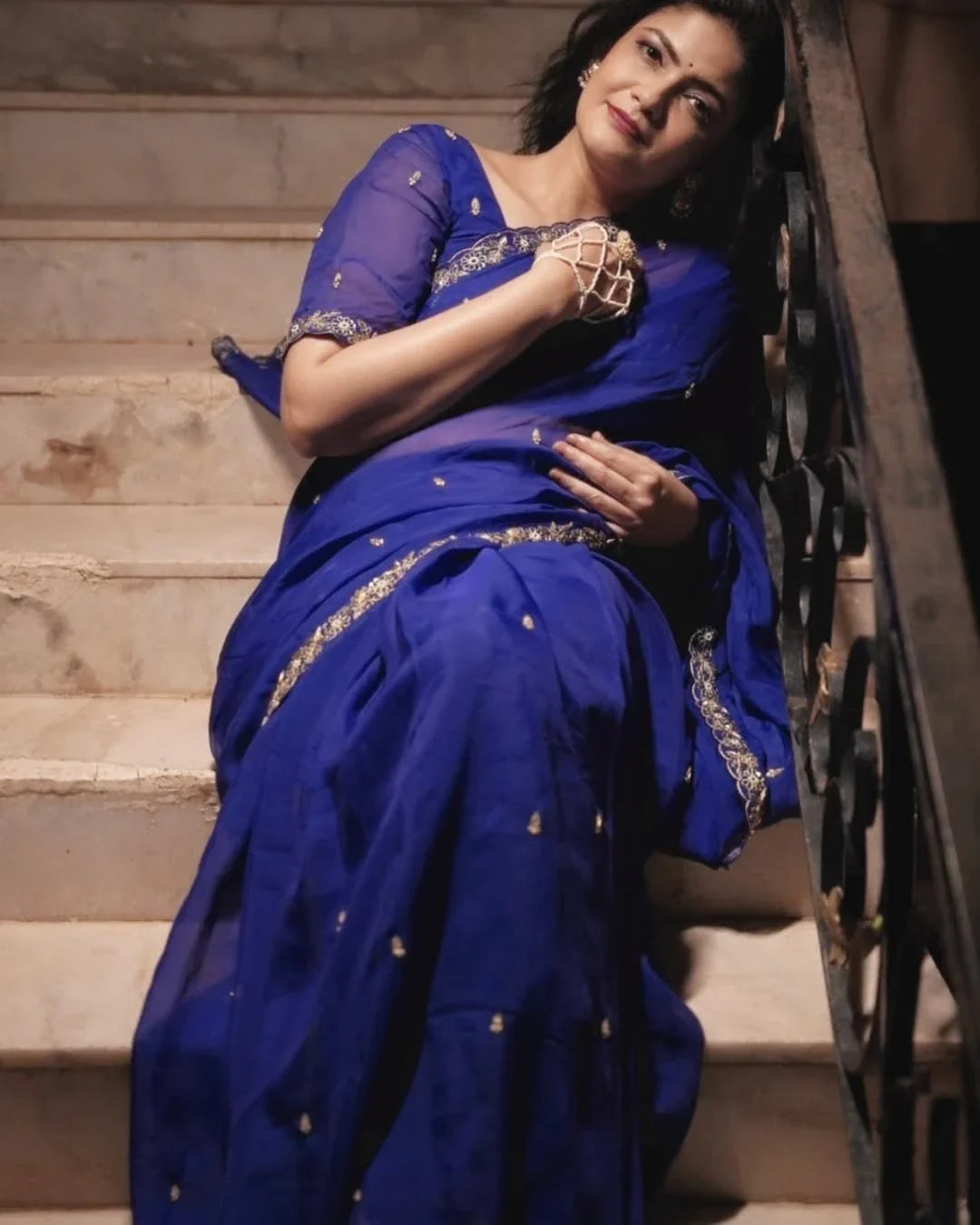 Elegant Blue Midnight Organza Floral Gold Zari Zardozi Saree