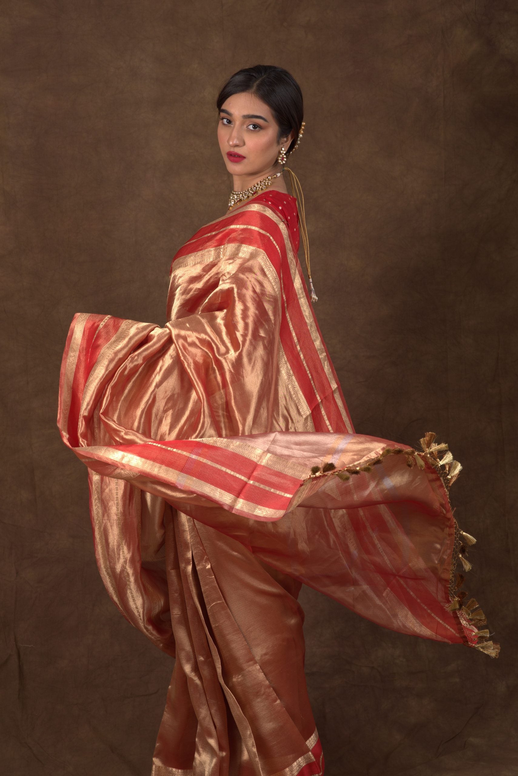 Aurum Bride Red & Golden Tissue Banarasi Saree with Katan Borders - Brocade Blouse