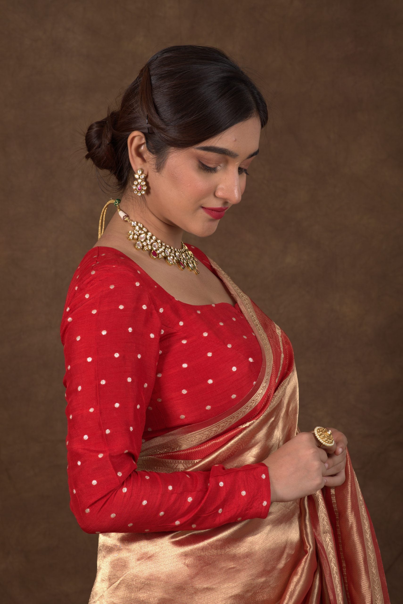 Aurum Bride Red & Golden Tissue Banarasi Saree with Katan Borders - Brocade Blouse