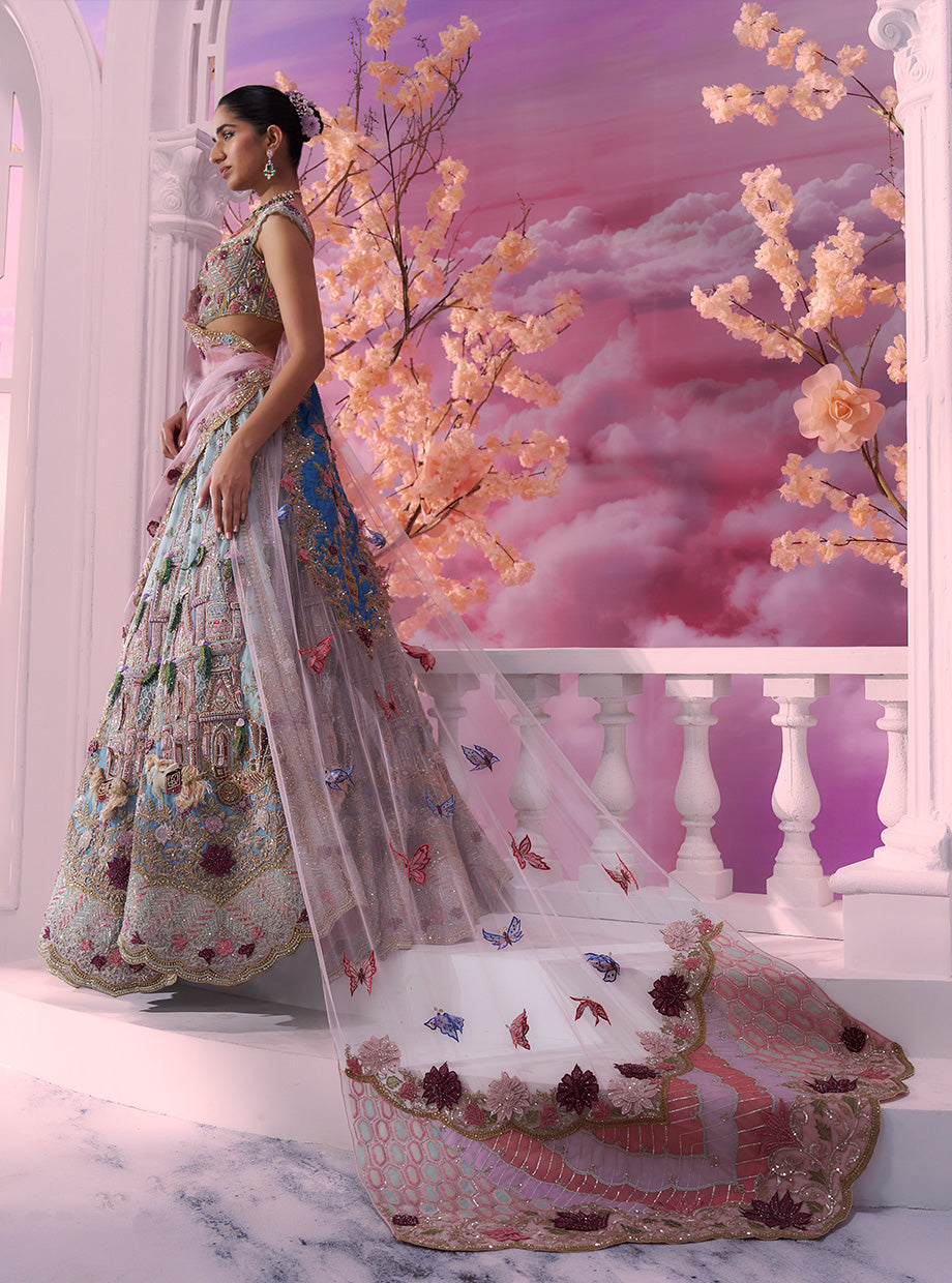 Fairytale Sky Blue Castle & Carriage Embroidered Lehenga Set