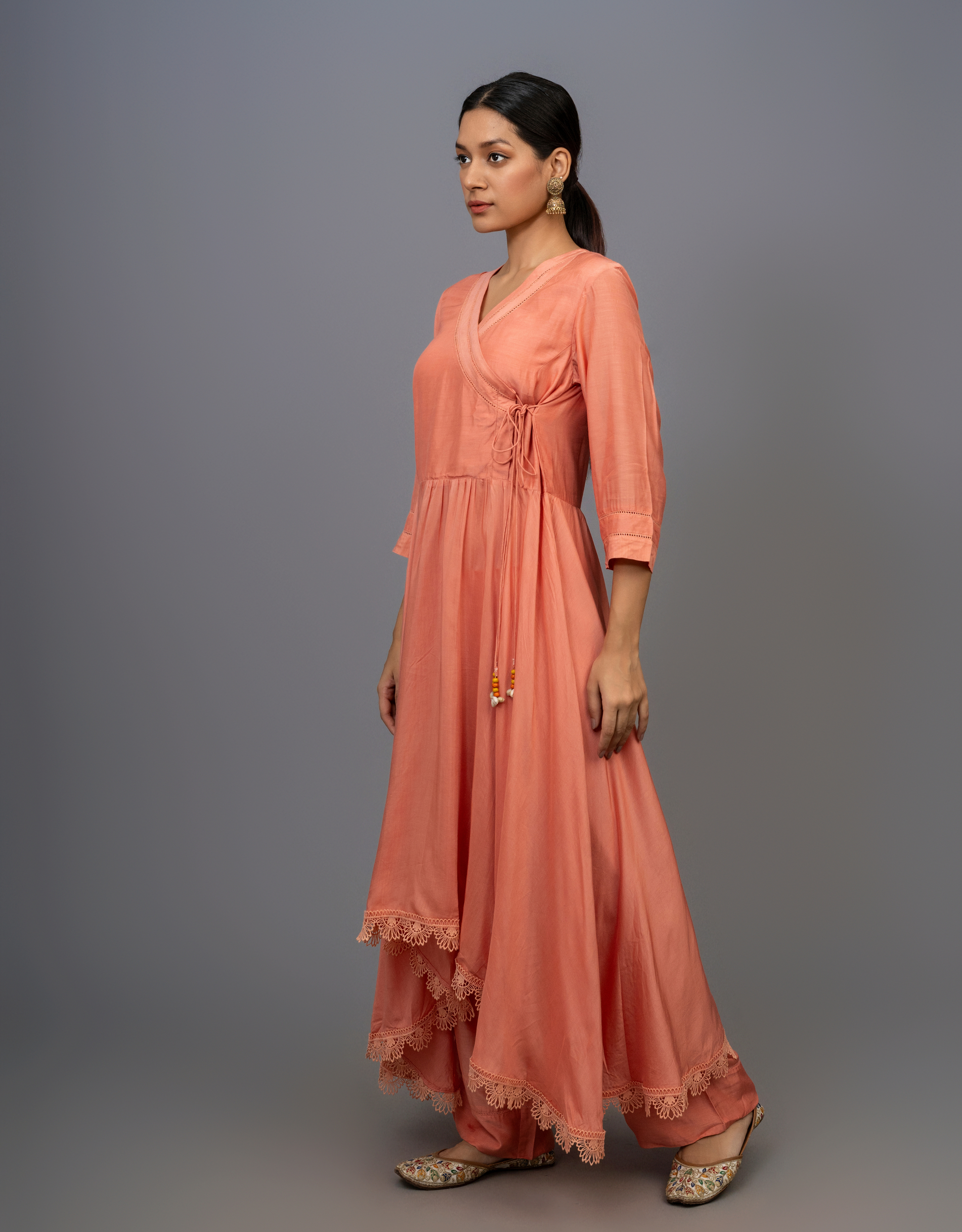 Rust Orange Cotton Silk Gathered Angrakha Kurta Pants Organza Dupatta Lace
