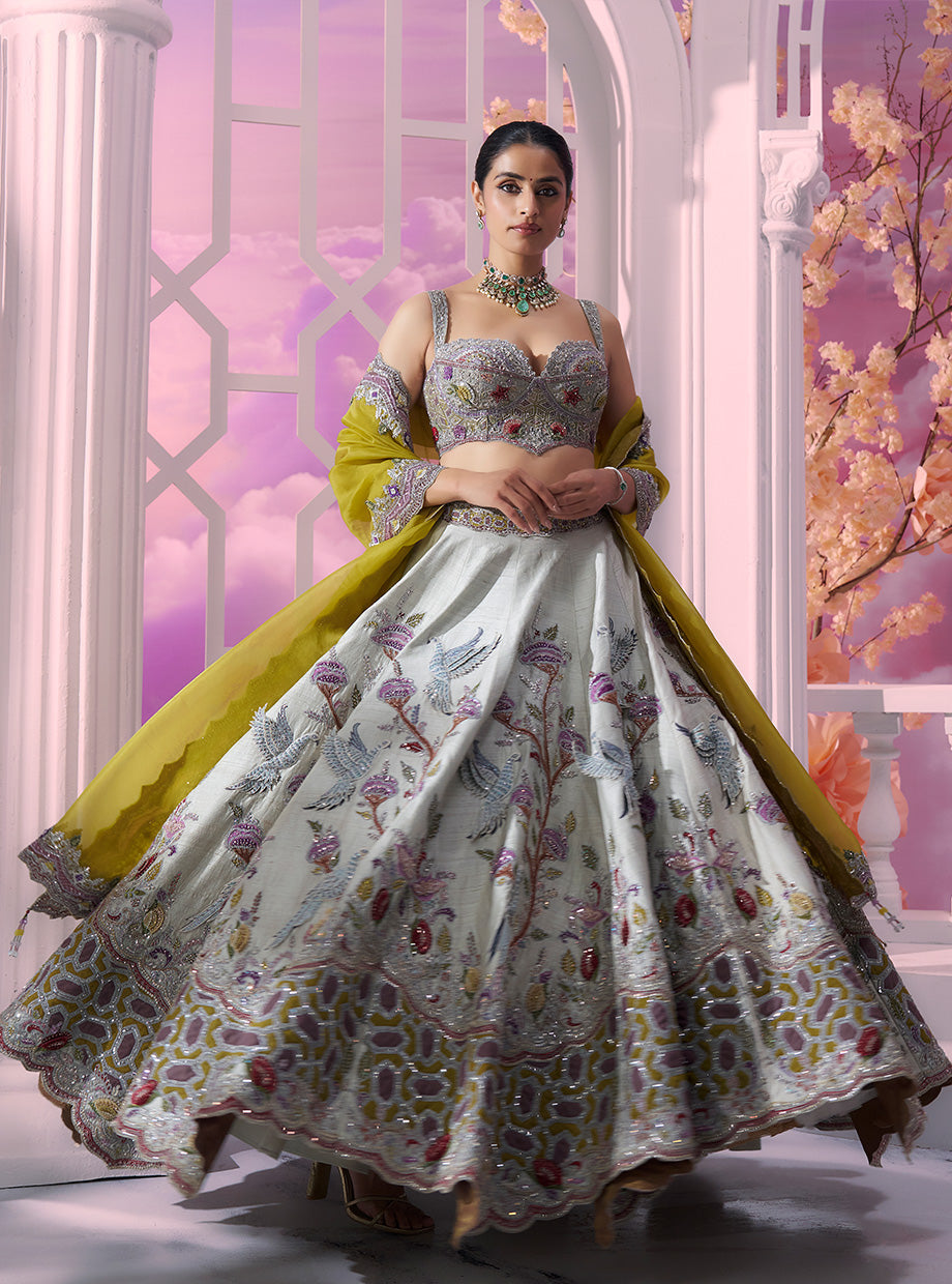 Sea Green Castle Embroidered Lehenga with Hot Pink Dupatta