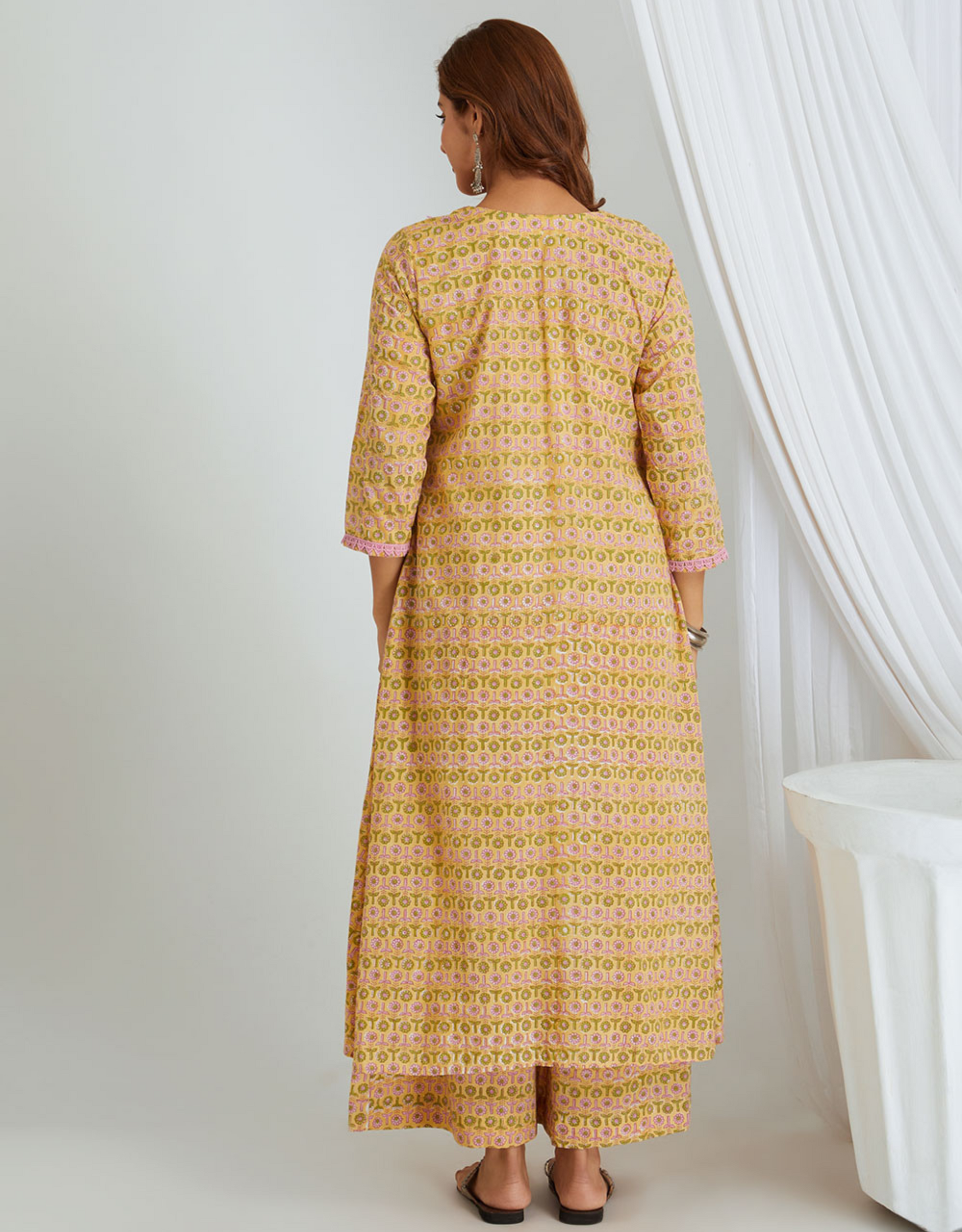 Mustard Yellow Hand Block Cotton Kurta Palazzo Co-ord Set Lace High Cut