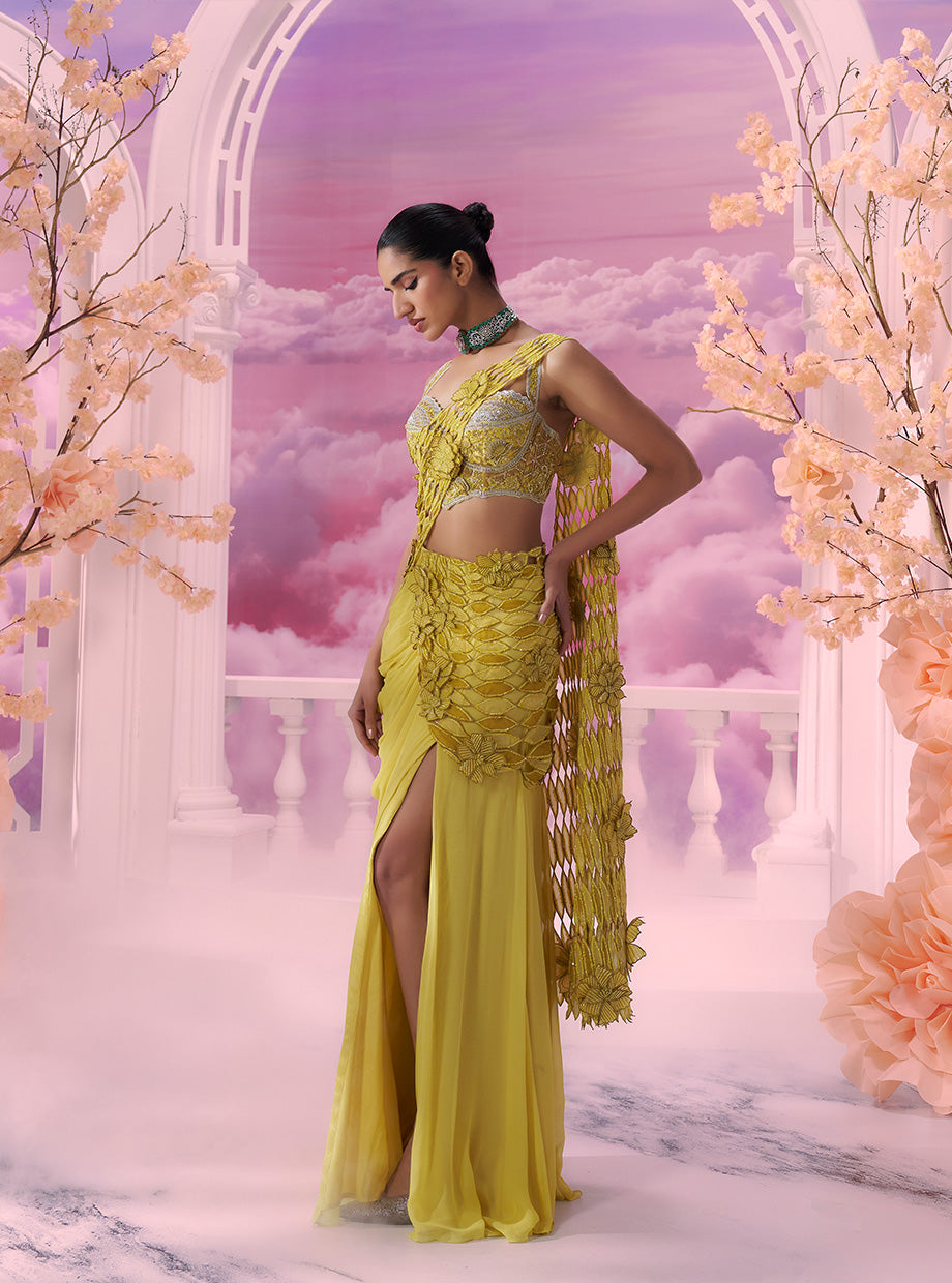 Vibrant Yellow Cutwork Drape Saree with Corset Top