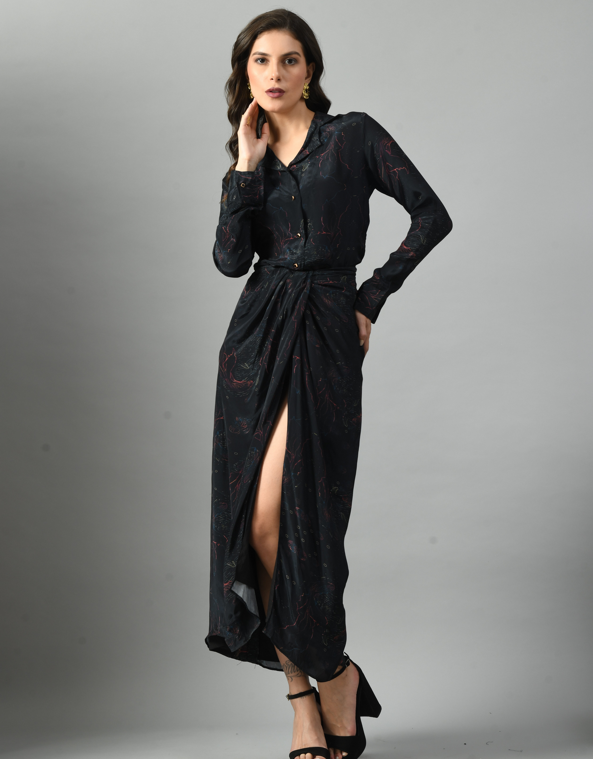 Exquisite Black Crepe Alice in Wondersea Drape Skirt Digital Print