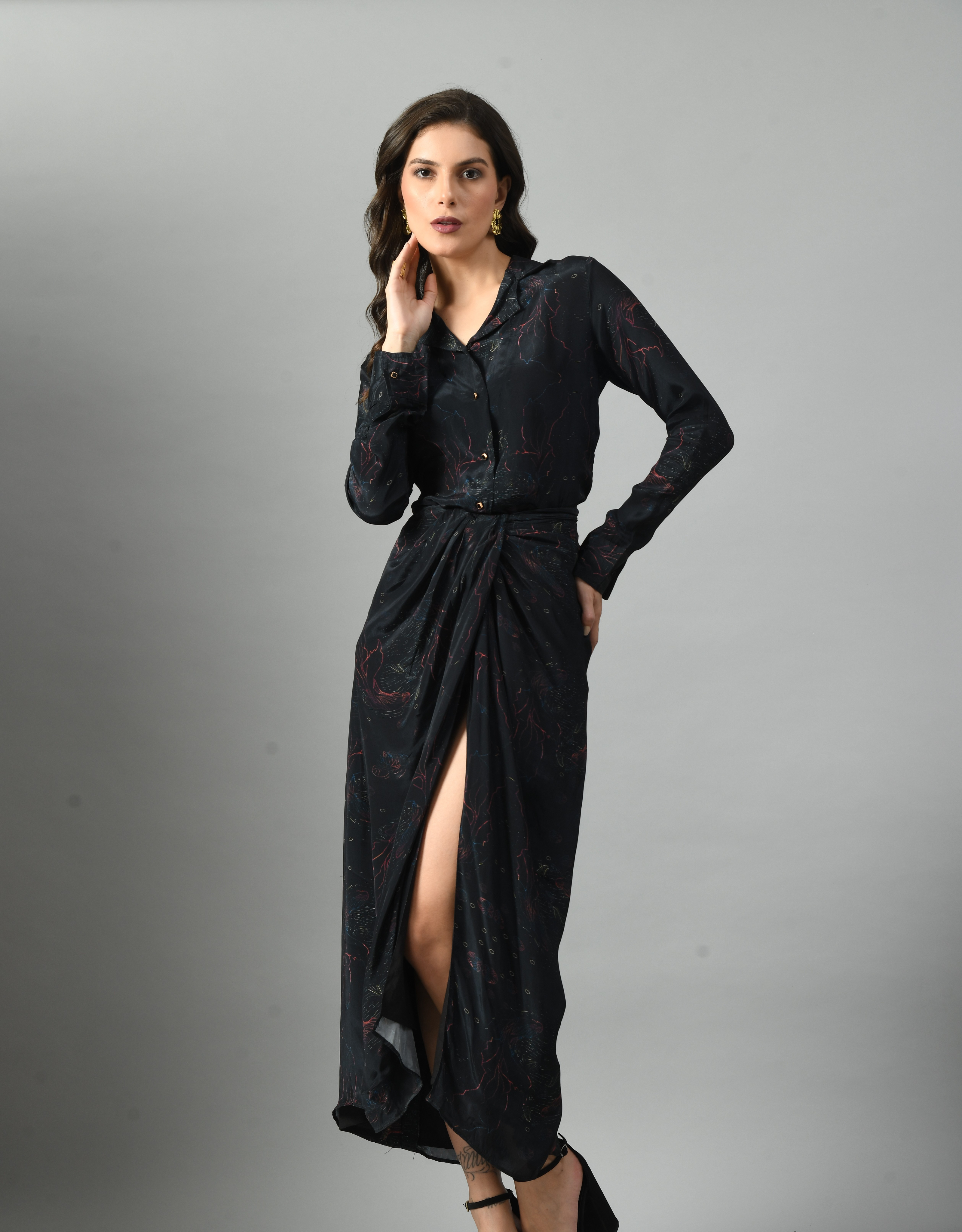 Unique Black Crepe Silk Alice in Wondersea Drape Shirt Skirt Set