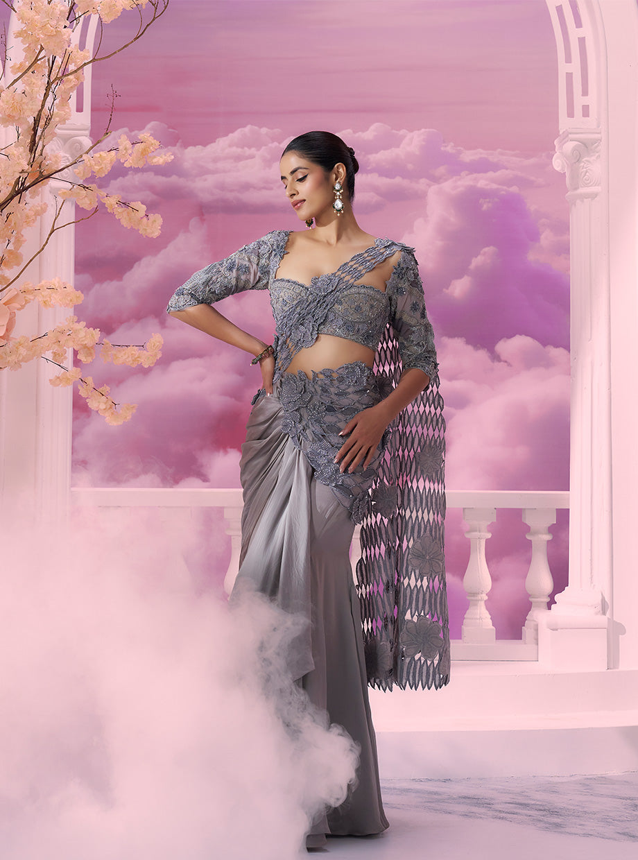 Elegant Grey Cutwork Drape Saree with Classy Blouse