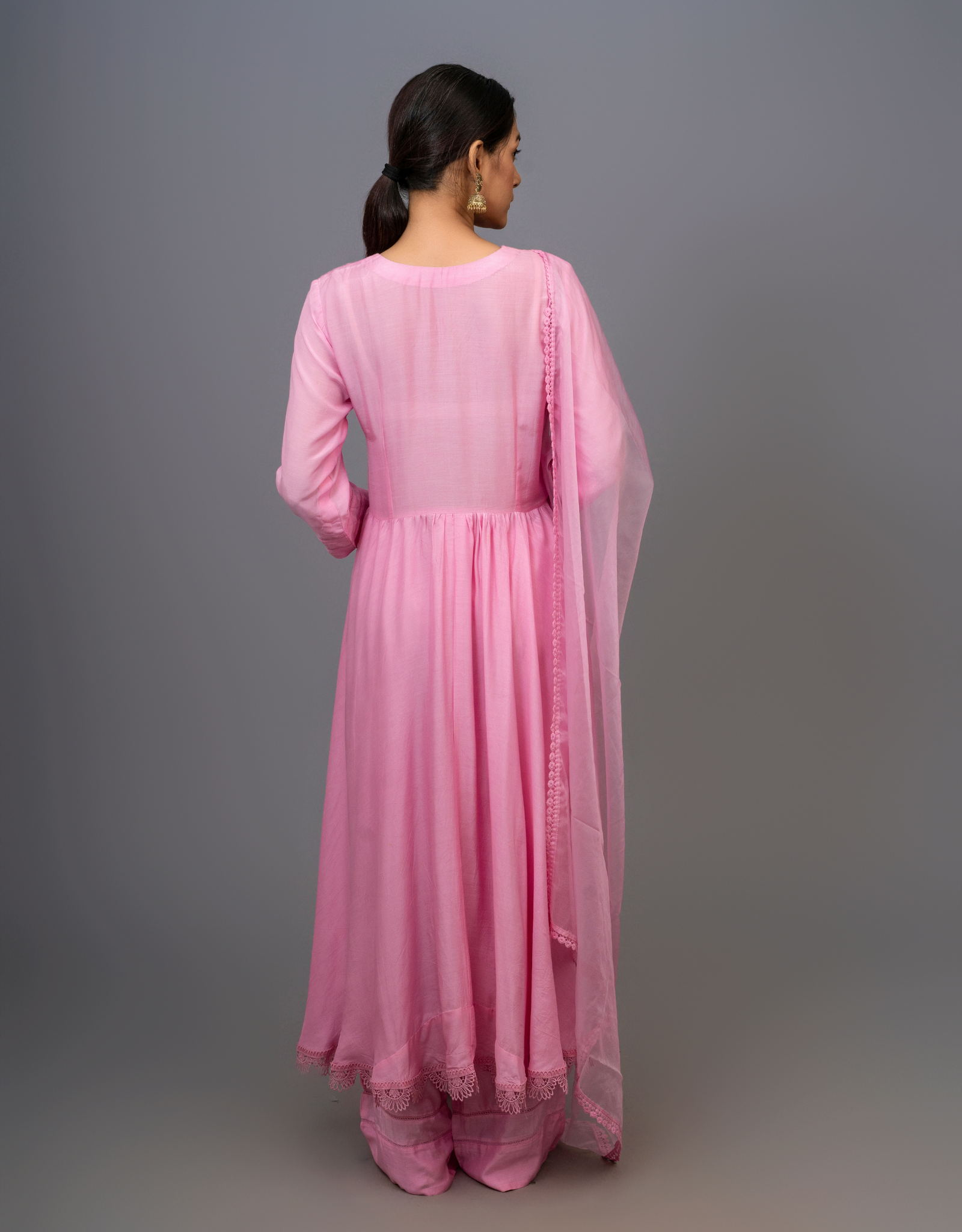Purple Cotton Silk Gathered Angrakha Kurta Pants Organza Dupatta Lace