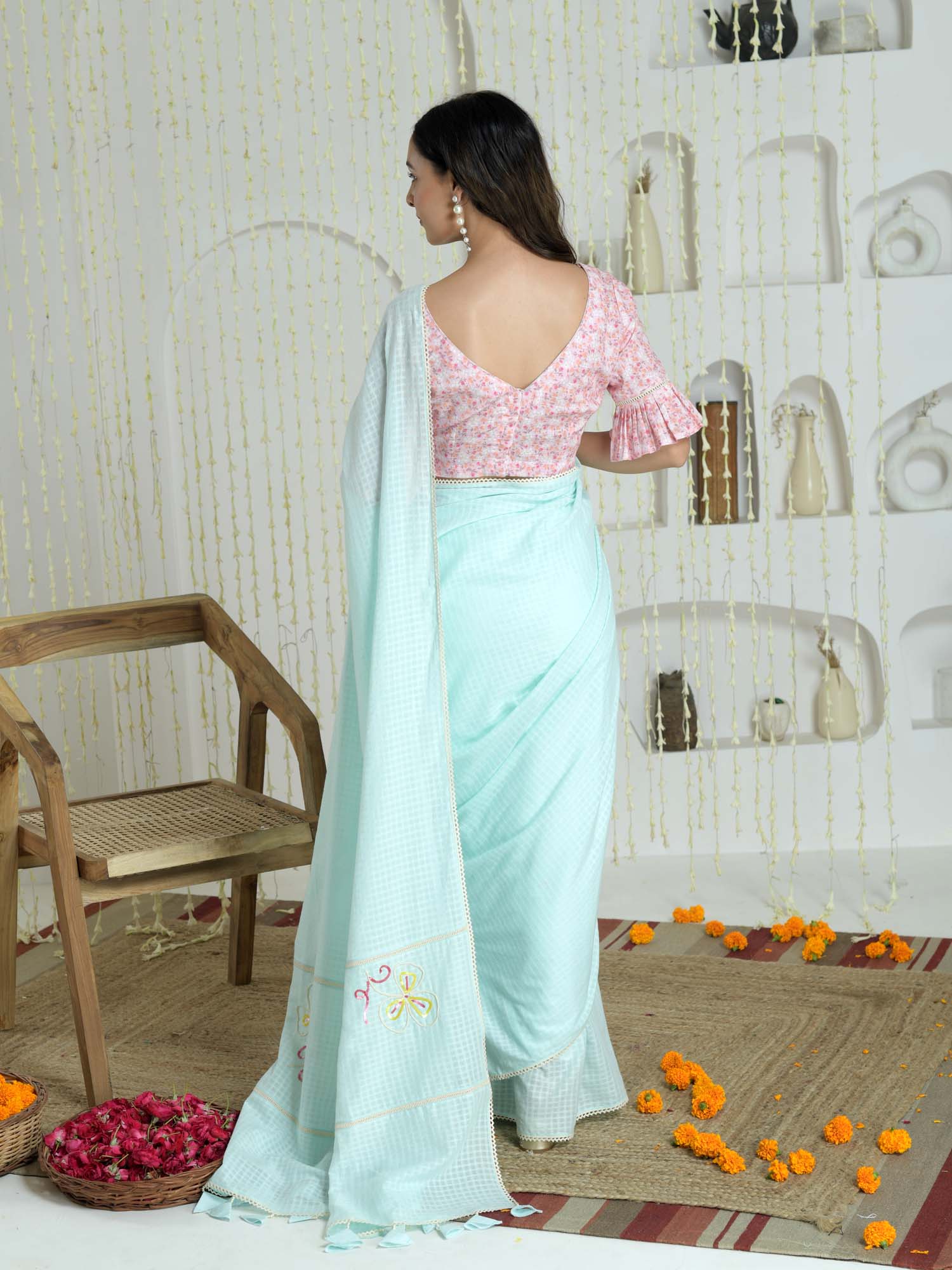 Sophisticated Pastel Blue Pink Cotton Check Saree Embroidered Pallu