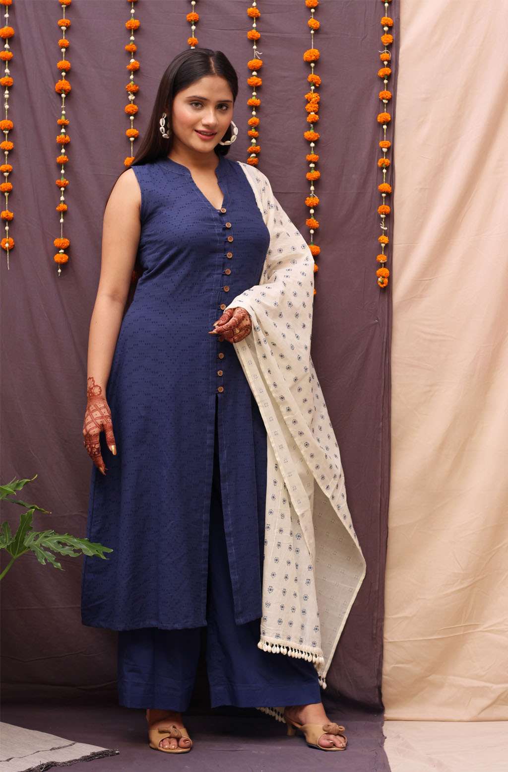 Festive Navy Blue Cotton Textured A-Line Kurta Pant Dupatta Set - Amber