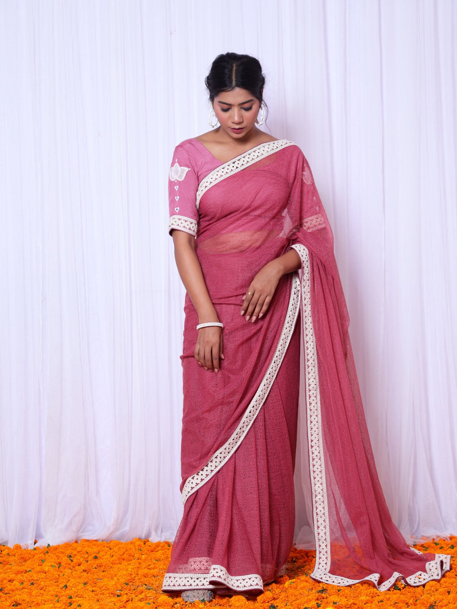 Alakananda Rose Pink Cotton Gauze Net Saree with Hand Embroidered Blouse - Designer Saree