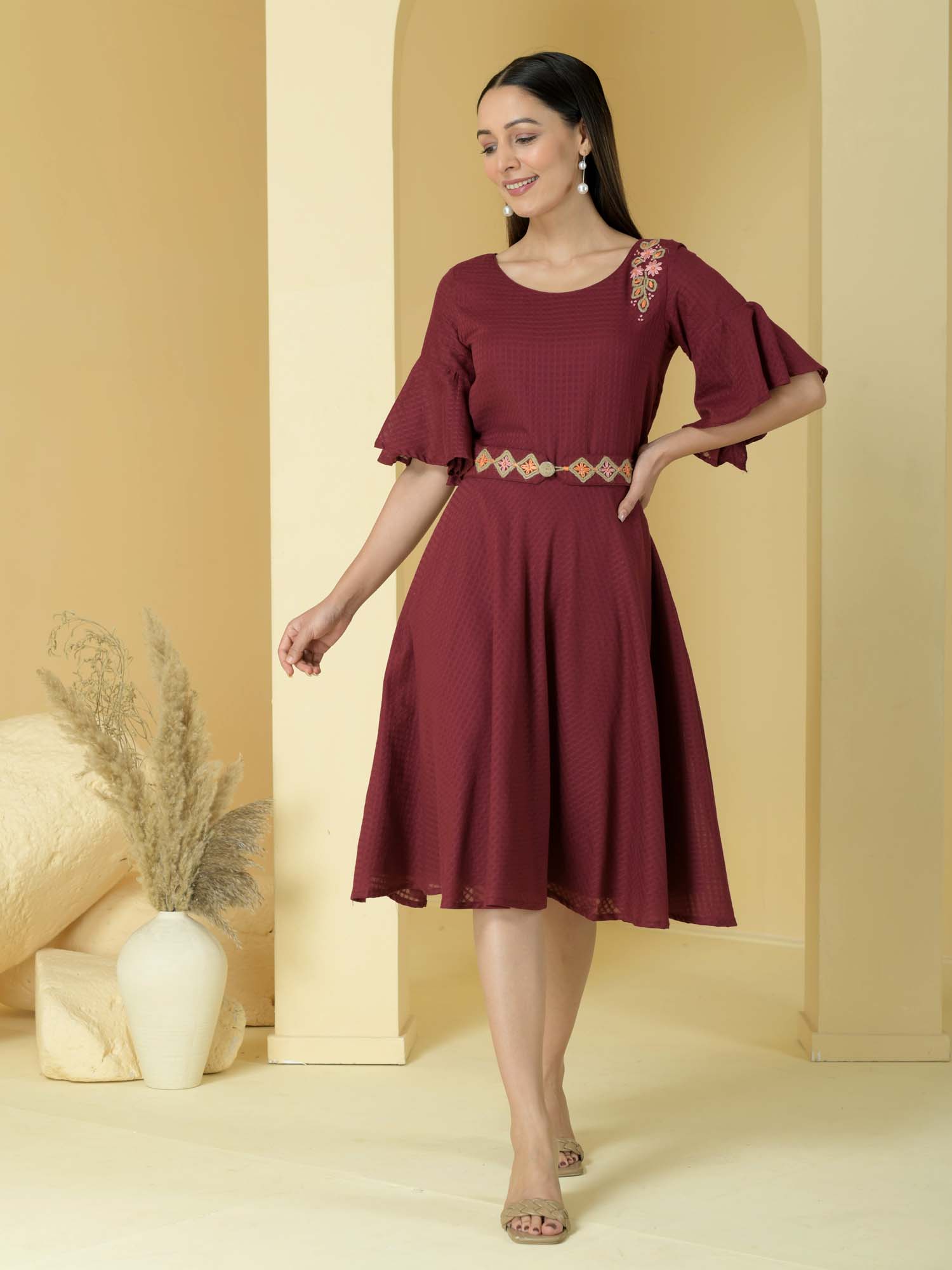 Refined Maroon Deep Red Cotton Jute Embroidery Dress Belt - Wildernest
