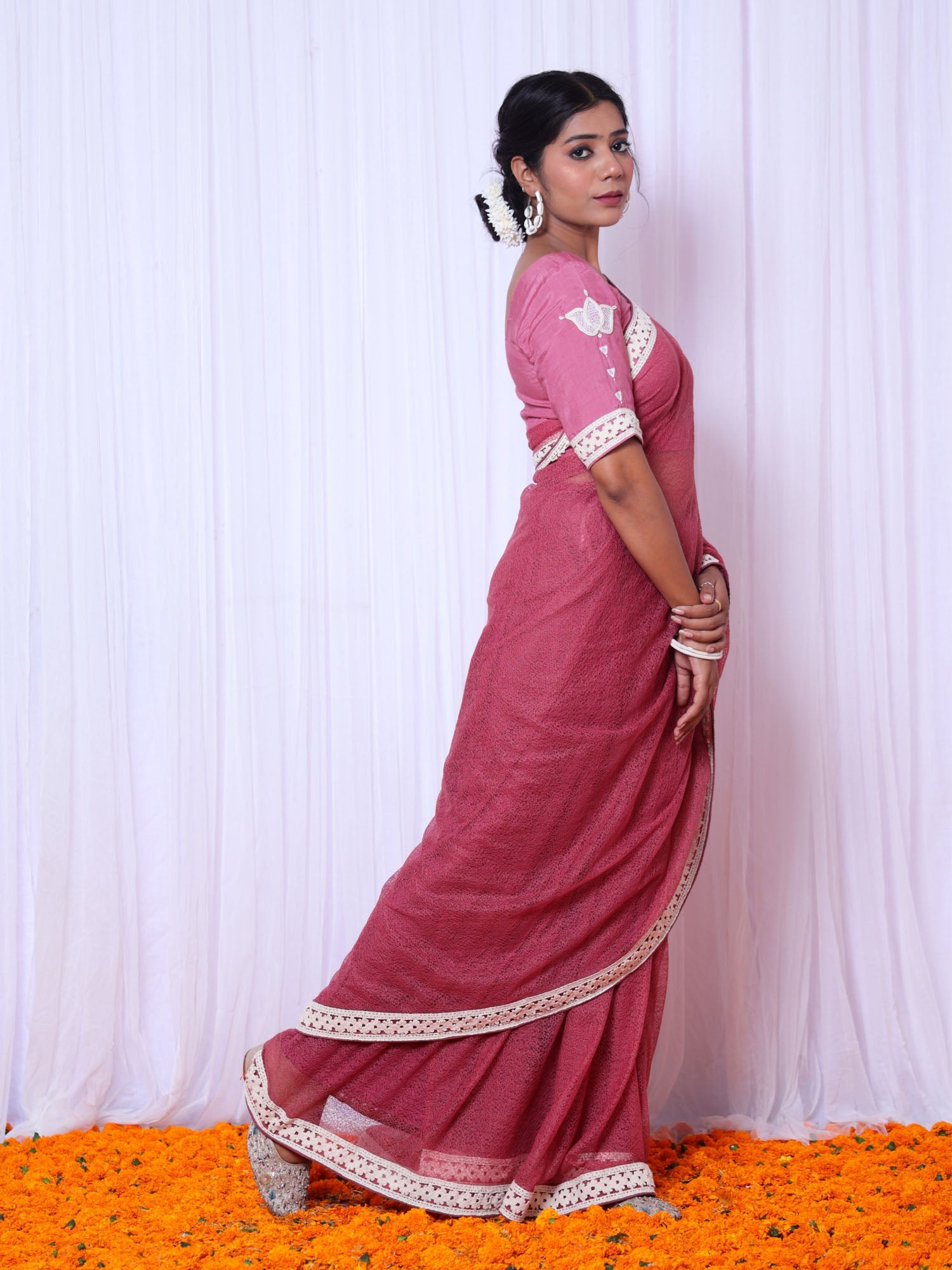 Alakananda Rose Pink Cotton Gauze Net Saree with Hand Embroidered Blouse - Designer Saree