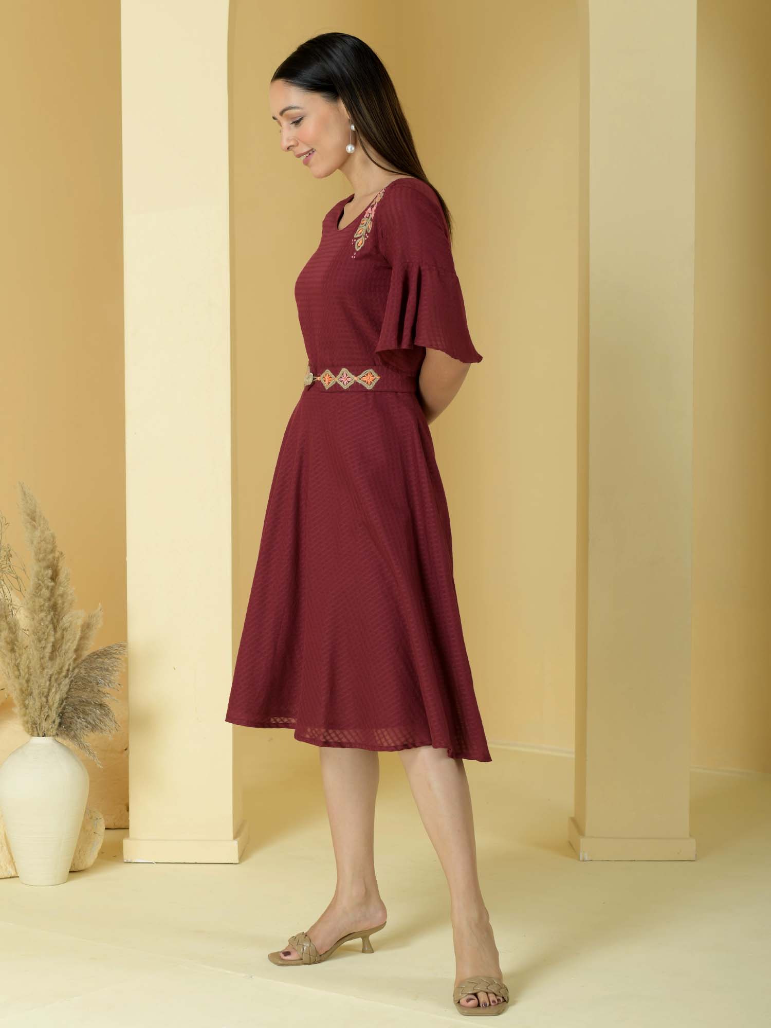 Refined Maroon Deep Red Cotton Jute Embroidery Dress Belt - Wildernest