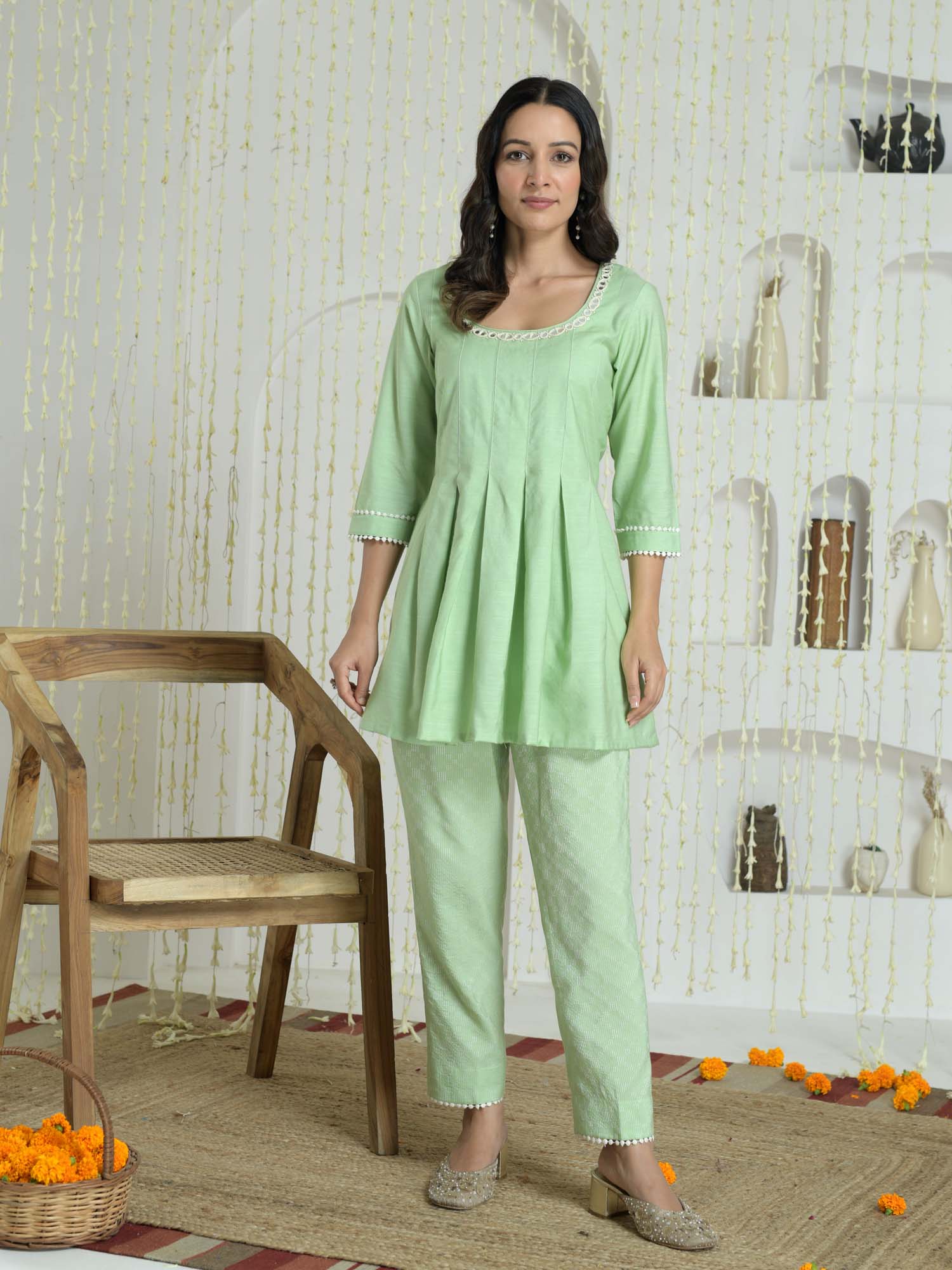 Luxurious Pastel Green Chandheri Cotton Box Pleat Coord Set Embroidery