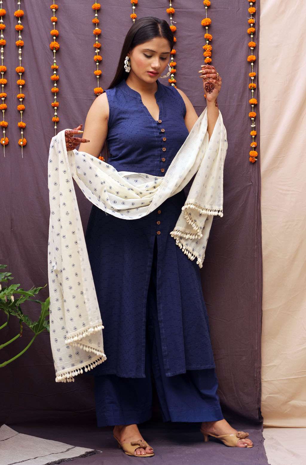 Festive Navy Blue Cotton Textured A-Line Kurta Pant Dupatta Set - Amber