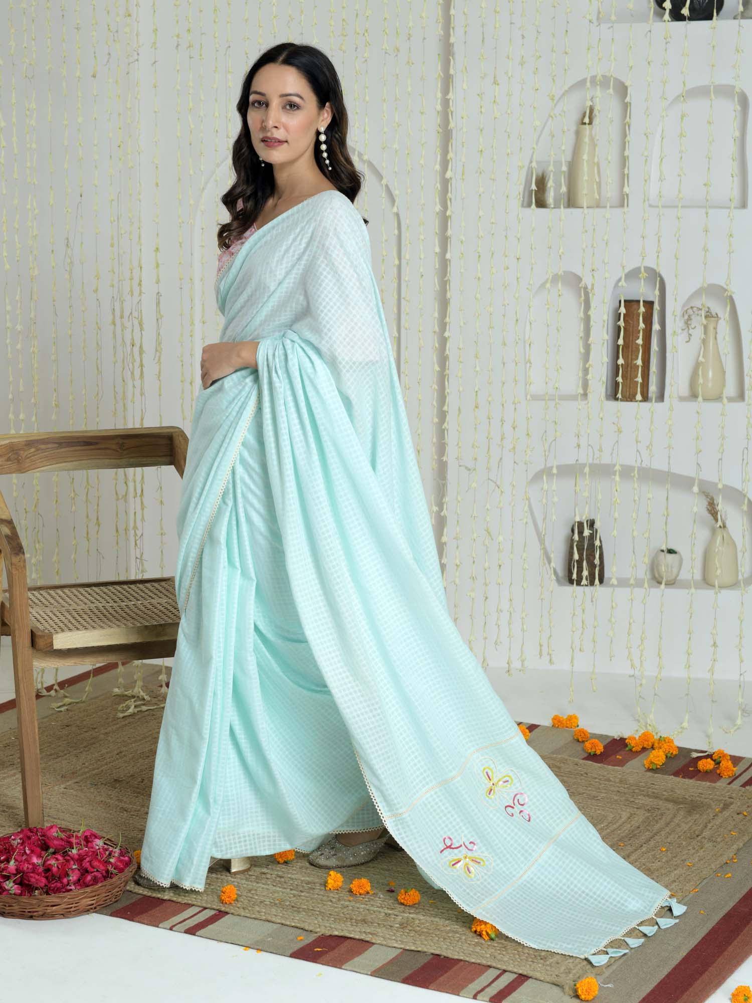 Sophisticated Pastel Blue Pink Cotton Check Saree Embroidered Pallu