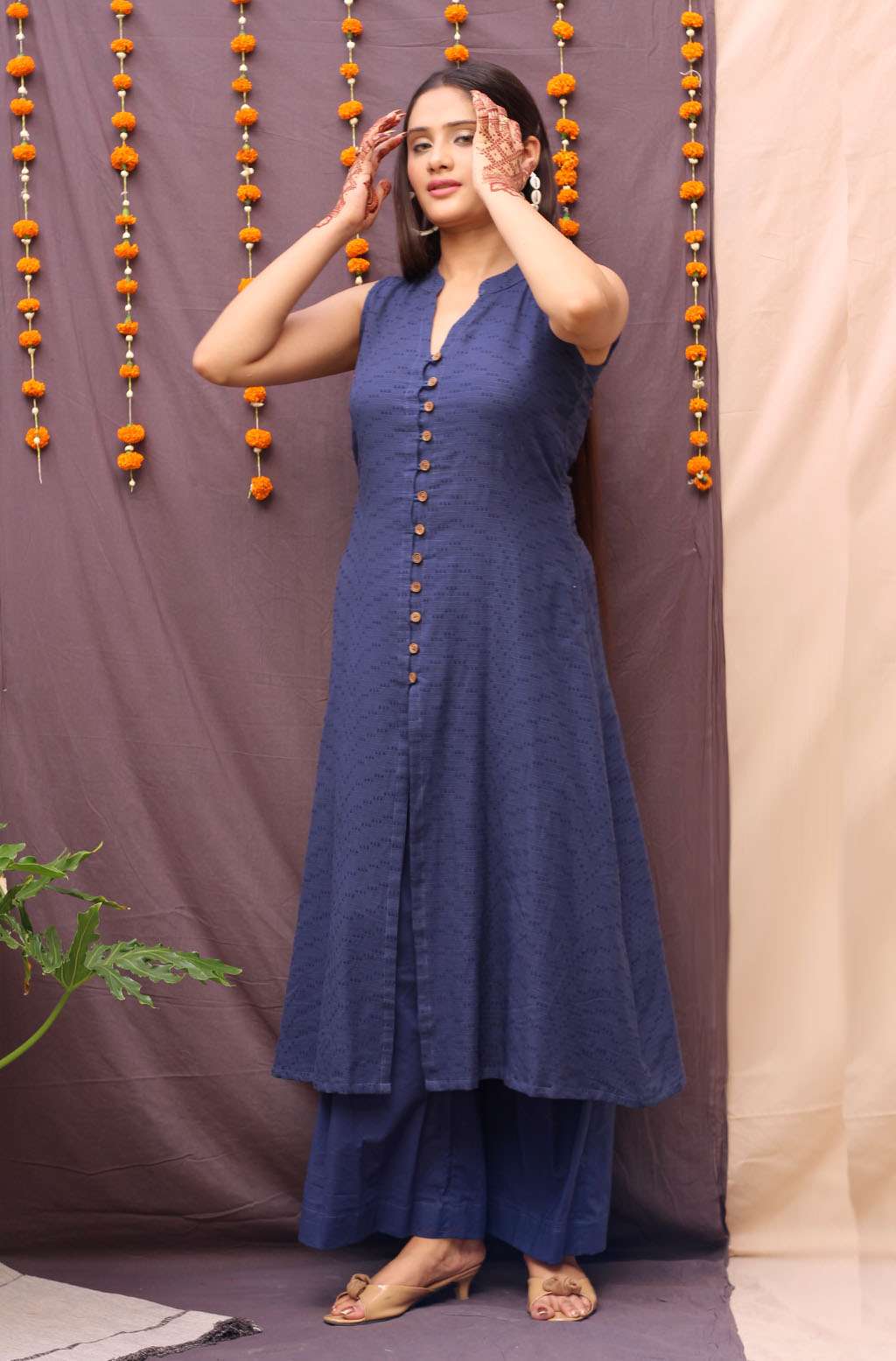 Festive Navy Blue Cotton Textured A-Line Kurta Pant Dupatta Set - Amber