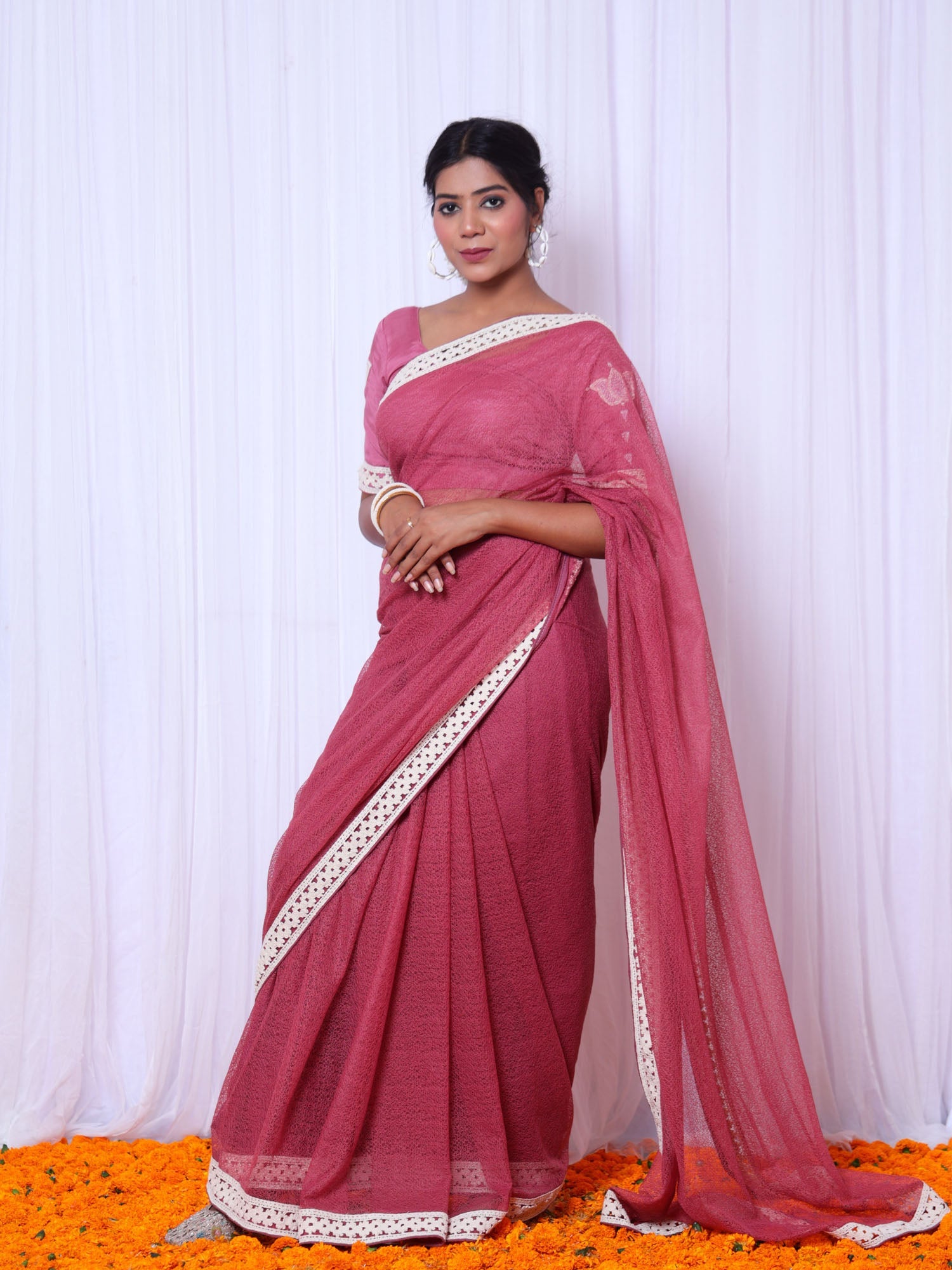 Alakananda Rose Pink Cotton Gauze Net Saree with Hand Embroidered Blouse - Designer Saree