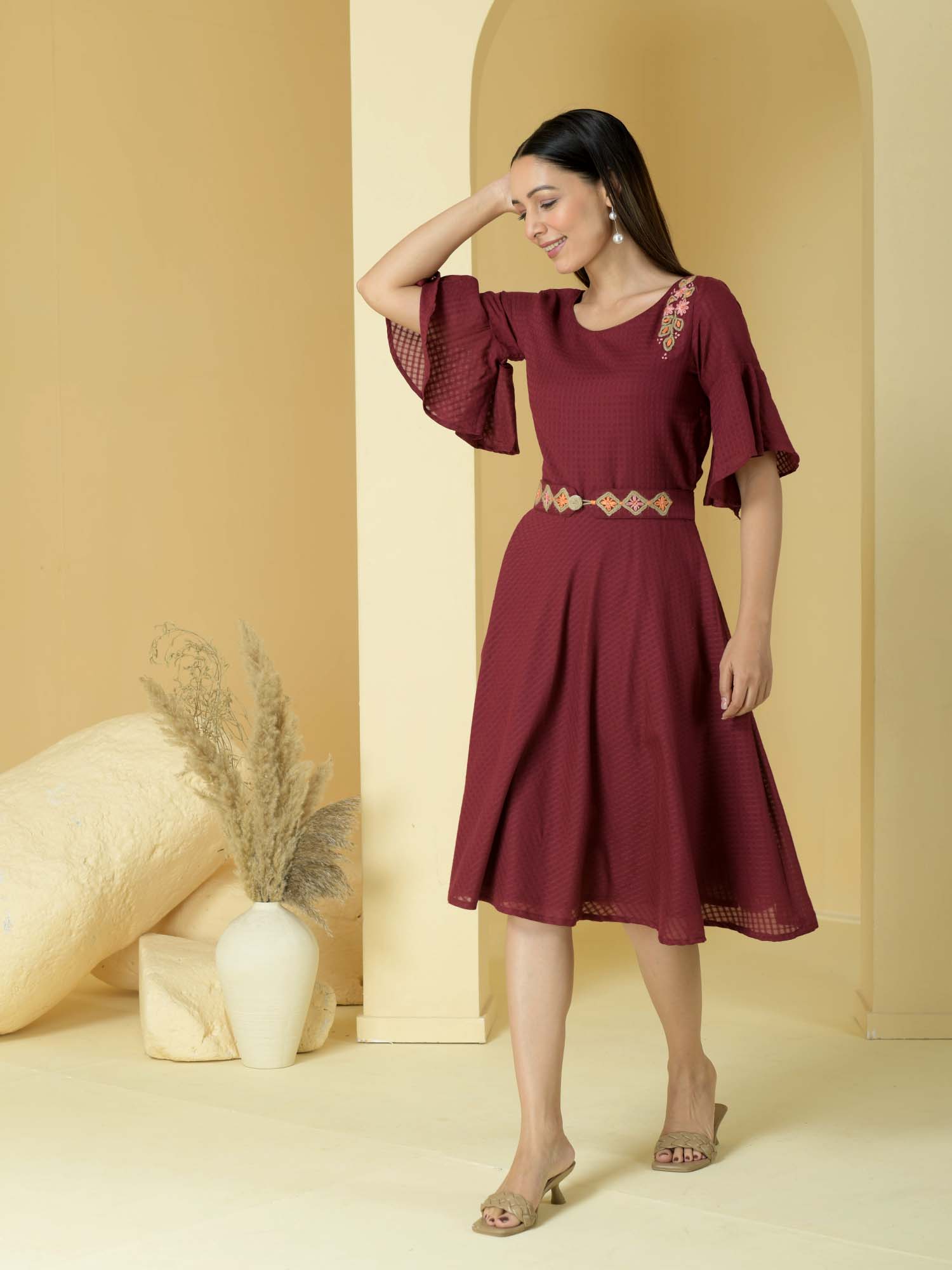 Refined Maroon Deep Red Cotton Jute Embroidery Dress Belt - Wildernest