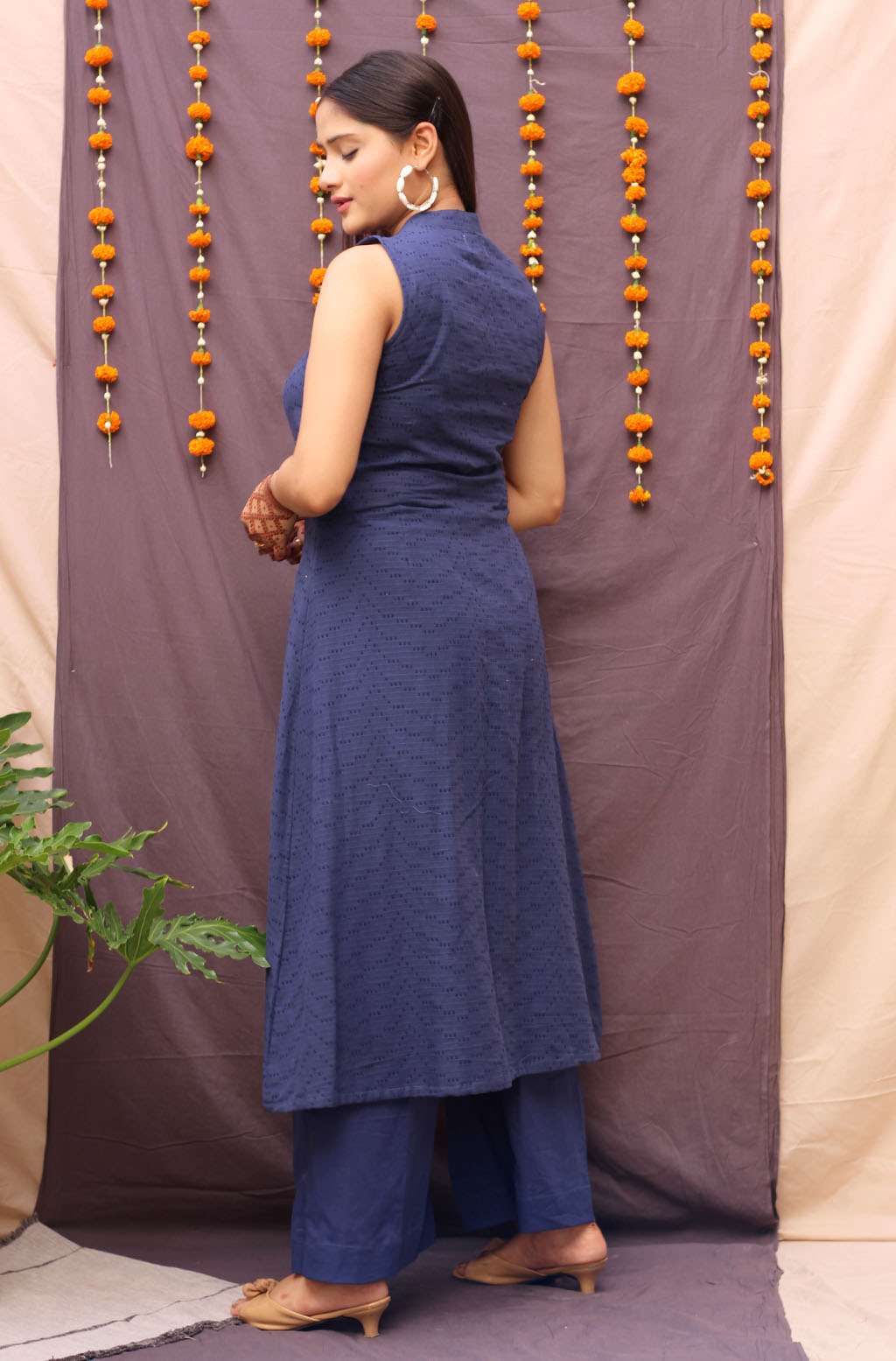 Festive Navy Blue Cotton Textured A-Line Kurta Pant Dupatta Set - Amber