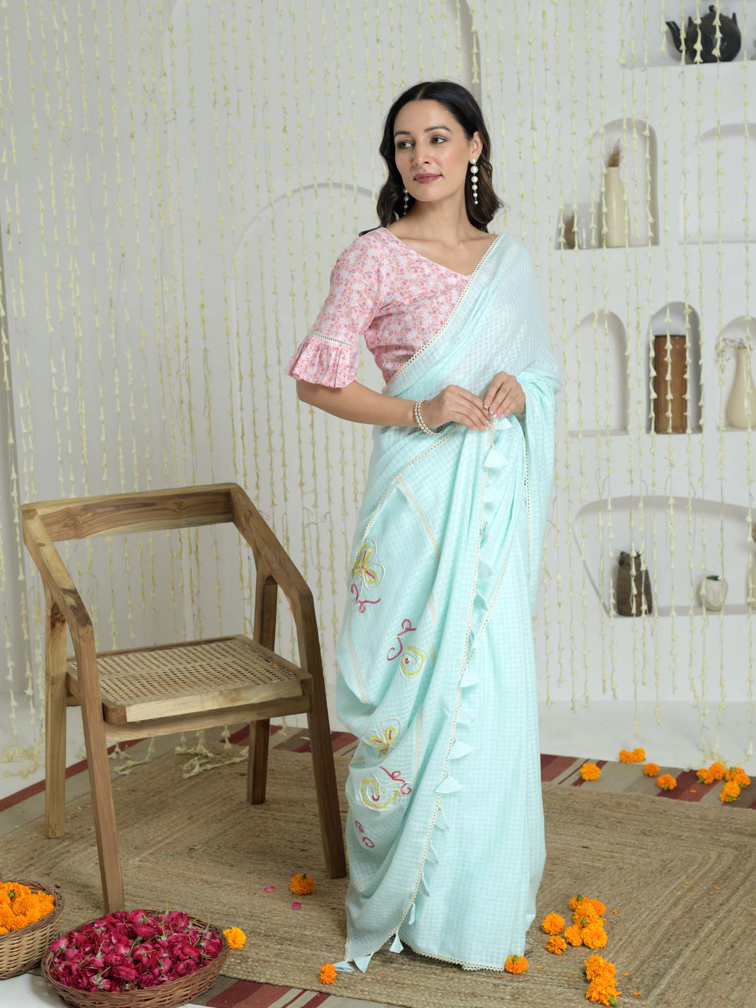 Sophisticated Pastel Blue Pink Cotton Check Saree Embroidered Pallu