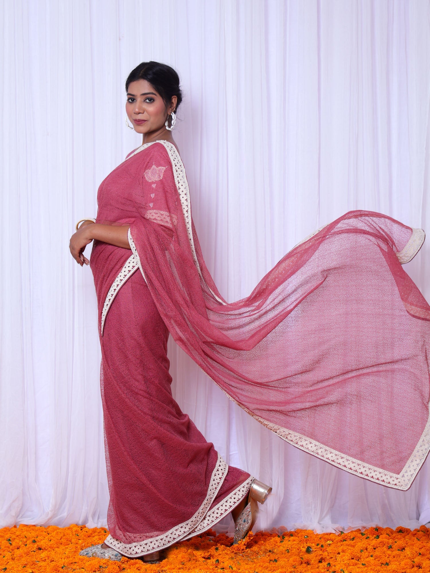 Alakananda Rose Pink Cotton Gauze Net Saree with Hand Embroidered Blouse - Designer Saree
