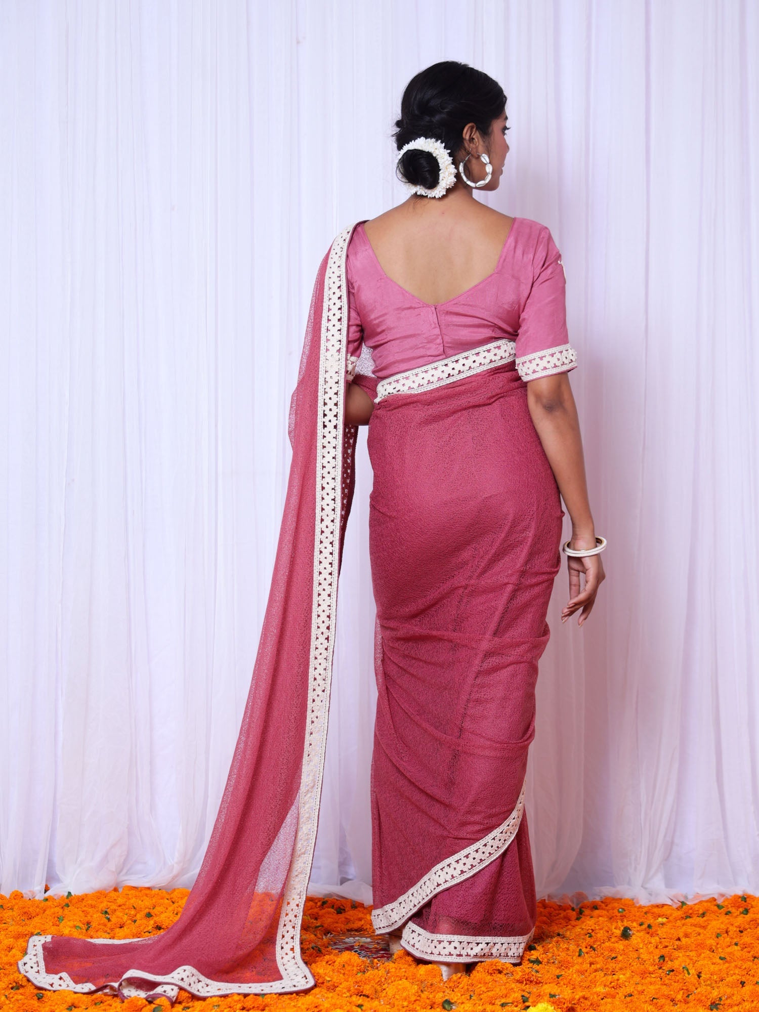 Alakananda Rose Pink Cotton Gauze Net Saree with Hand Embroidered Blouse - Designer Saree